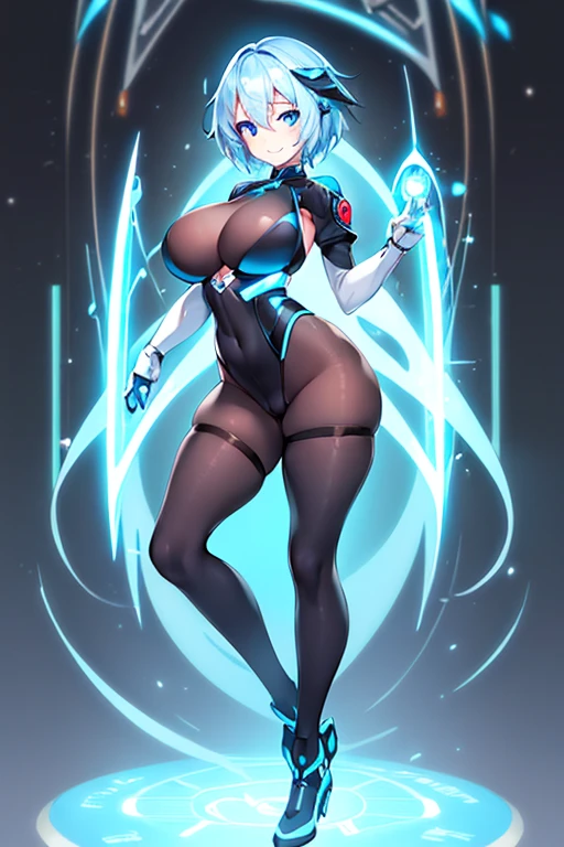 1girl, white skin, light skin, smile, light smile, blue hair, short hair, blue eyes, large breasts, breasts, wide hips, black bodysuit, black clothes, black pantyhose, bodysuit, sleeves, short sleeves, pantyhose, futuristic, science-fiction, neon trim, neon, full_body, ((full body)), standing, laboratory