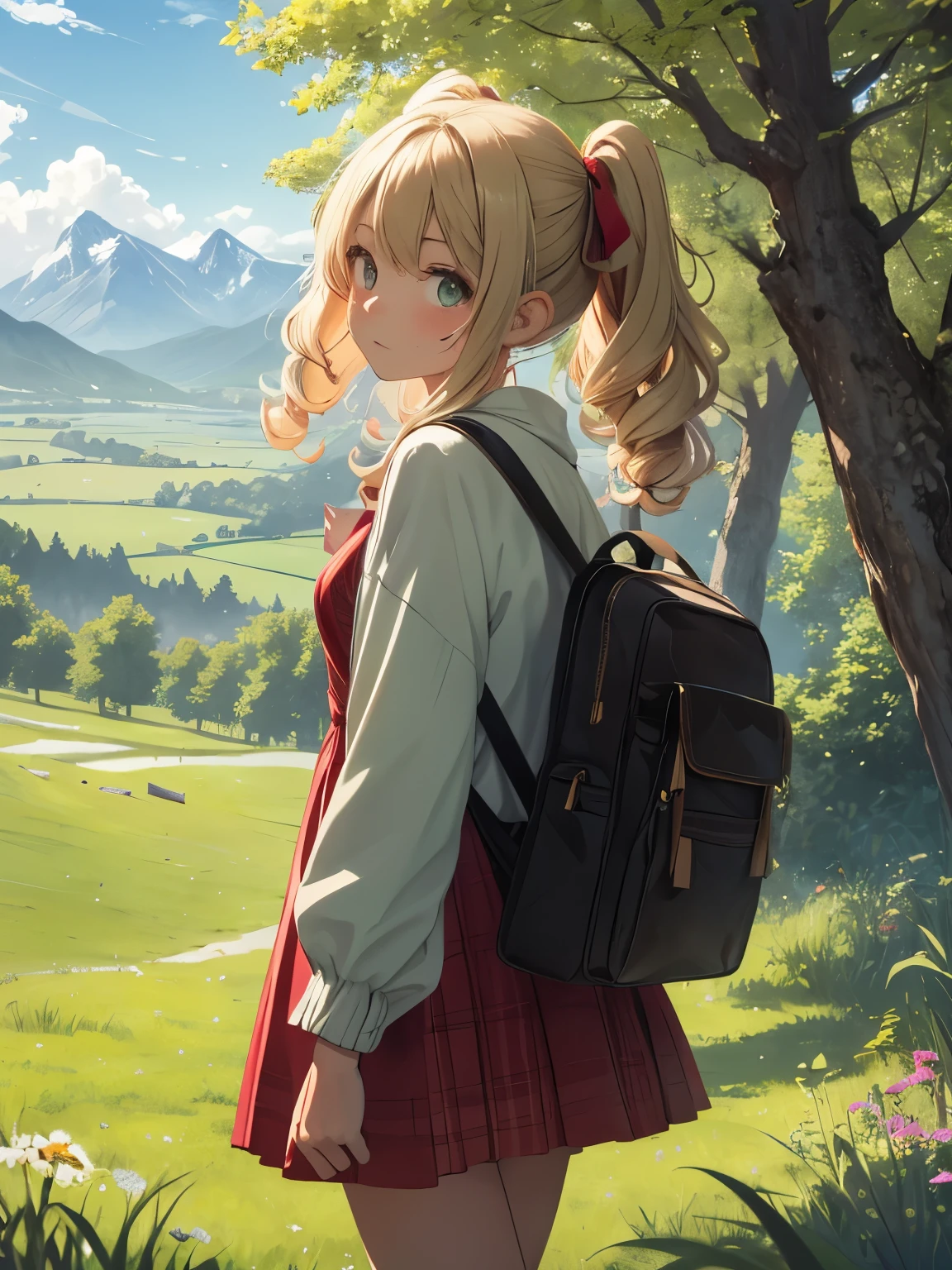In a green meadow stands a teenage girl with blonde curly hair in pig tails tied up with ribbons and a red dress with a brown backpack BREAK With a brave expression, she heads forward with her pet raccoon BREAK Behind her, a green forest stretches out and beyond that, mountains rise in the distance. BREAK The most suitable effect for this scene would be a watercolor painting technique to capture the softness of the meadow and the fluidity of the movement.