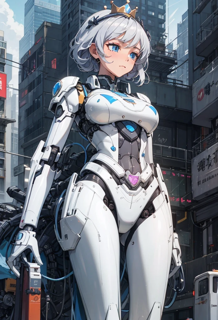 (Detailed illustrations,Very detailed and detailed drawing,Delicate lines with slow and rapid,Realistic texture expression),[Color tressed main line],[Modern city skyscrapers background],(ANIME)(A pure white GIANTROBOT Girl towering over the building area(SKINNY[SLENDER])),[AUTOMATON](A painstaking face like a sculpture[METALFACE[青白く発光するJewel-like eyes]])[(MACHINEKNIGHT)[Titanium internal skeleton](Delicate thin fingers)]],((Elegant exterior with many curved surfaces[smooth body surface])(large crown [[large raised shoulder pad]])(Ruffle Petticoat)),[TITANWEAPON[It is called the princess lily of white porcelain]Mecha Body[Metal skin][Cable running down the body surface[gear wheel]]],[Platinum coating],[科幻小说(Electromechanical)[Steampunk]],([beautiful and artistic decoration][Dense detail [White lily pattern]])[Transparency],(detaileds,high-detail),(Precisely drawn face[(Perfect and beautiful face)[Jewel-like eyes]]),[long and beautiful eyelashes],[Meticulously drawn hair [美しく艷やかな髪のdetaileds]],(完璧な手のdetaileds [Beautiful fingers without breakdowns [Beautiful nails]]),(Perfect Anatomy(Perfectly proportioned)),[Ideal color coordination(Accurate simulation of light-material interactions)],([Precision Detail](detaileds,high-detail)),(Huge feeling[Total length 40 meters])[[Full body like]][Visual art that conveys a sense of narrative].
