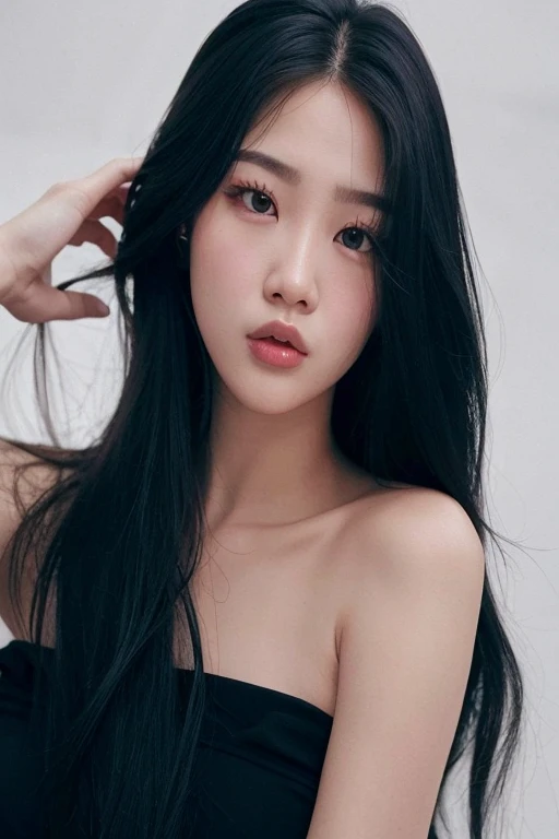um close up de uma mulher com longos cabelos pretos usando um vestido preto, beautiful south Mulher coreana, menina coreana, Jaeyeon Nam, beautiful young Mulher coreana, gorgeous young Mulher coreana, Jinyoung Canela, Lee Ji-eun, Lee Ji - Eun, Ulzzang, Heonhwa Choe, Mulher coreana, jennie blackpink, maquiagem coreana popular