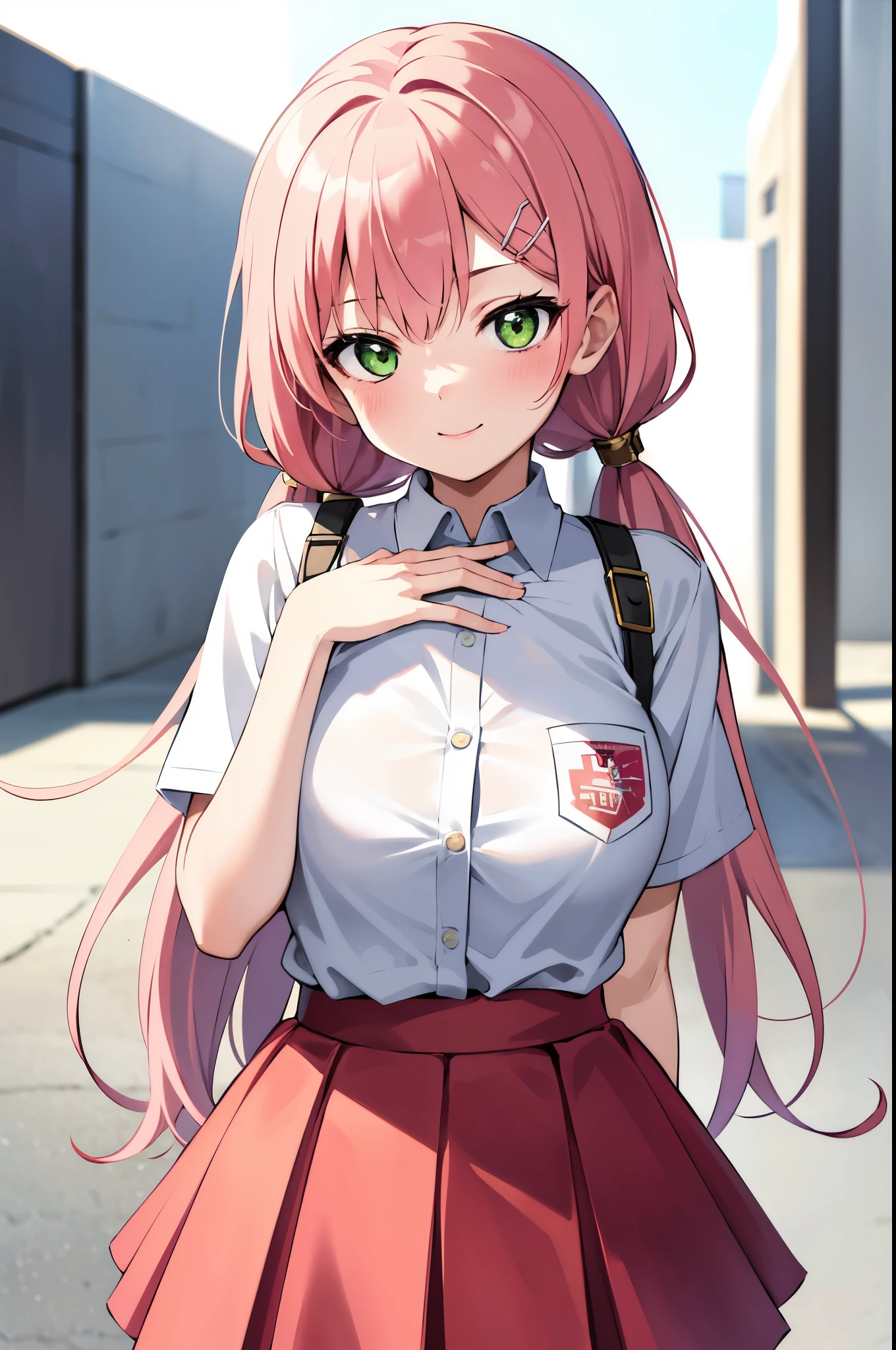 top-quality, Top image quality, masterpiece, full body, high quality, Beautiful Art, one girl, (chibi:1.15), looking at viewer, dynamic pose, seductive pose, (hand on own chest:1.3), ((16 year old, Best Bust, huge bust:1.2)), detailed tooth, light green eye rest, Pink hair, pink twin tails, slender, Large valleys, nude, smile, white collared shirt, school uniform, (open shirt:1.1), skirt, (short sleeve shirt:1.1), white background,
