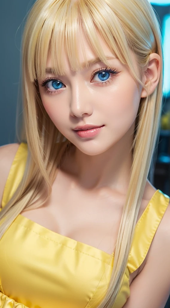 (a closeup:1.4)、(RAW shooting:1.2)、(Photorealsitic:1.4)、(masterpiece:1.3)、(top-quality:1.4)、bright expression、very beautiful blonde girl、Extraordinary blonde beauty、Detailed cute and beautiful face、Beautiful bangs、Glowing white shiny skin、facial hairs、Bangs that extend to the face、Bangs between the eyes、Super long blonde hair、Attractive bright platinum blonde super long straight silky hair、finer hair、Attractive glowing beautiful bright clear light blue big eyes、White Apron、Yellow dress、eye liner、Double eyelids、Lush bust、The upper part of the body、cheek gloss highlight