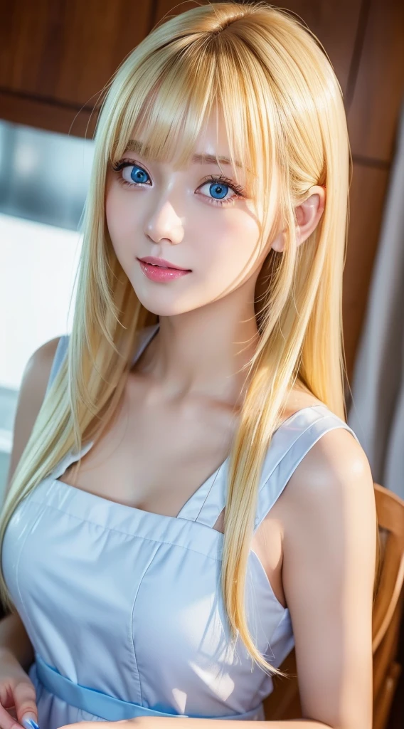 (a closeup:1.4)、(RAW shooting:1.2)、(Photorealsitic:1.4)、(masterpiece:1.3)、(top-quality:1.4)、bright expression、very beautiful blonde girl、Extraordinary blonde beauty、Detailed cute and beautiful face、Beautiful bangs、Glowing white shiny skin、facial hairs、Bangs that extend to the face、Bangs between the eyes、Super long blonde hair、Attractive bright platinum blonde super long straight silky hair、finer hair、Attractive glowing beautiful bright clear light blue big eyes、White Apron、Yellow dress、eye liner、Double eyelids、Lush bust、The upper part of the body、cheek gloss highlight