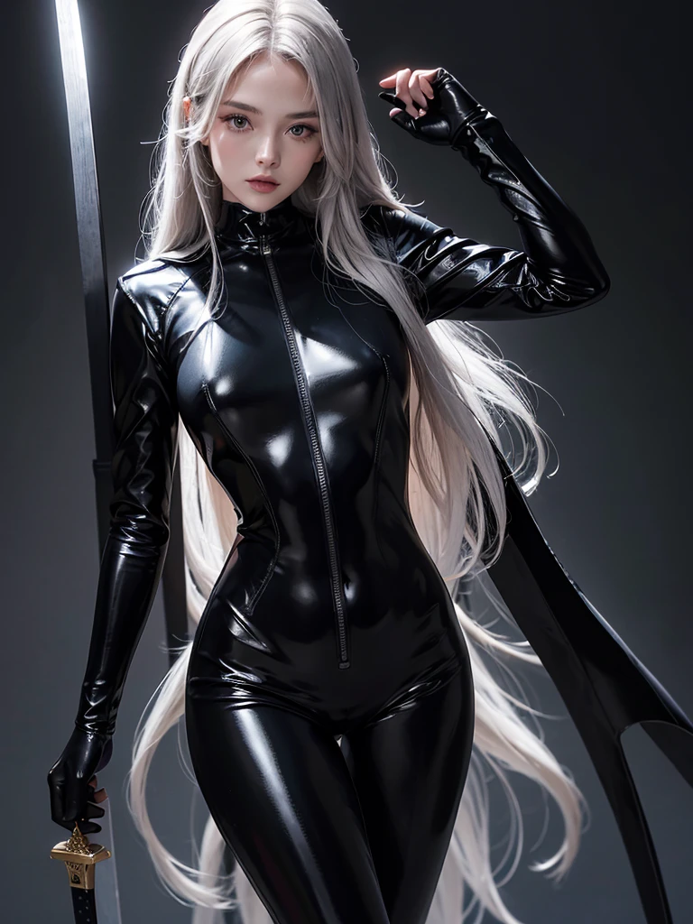 high res,masterpiece,best quality,extremely detailed , ultra-detailed, long silky smooth hair , woman in a black suit , black latex suit, wearing a black catsuit, skintight black bodysuit, black latex sculpt, tight full body suit, full bodysuit, holding a Japanese sword , a spy , secret agent , top body close up , small covered chest , wearing a shiny satin silk silver cape