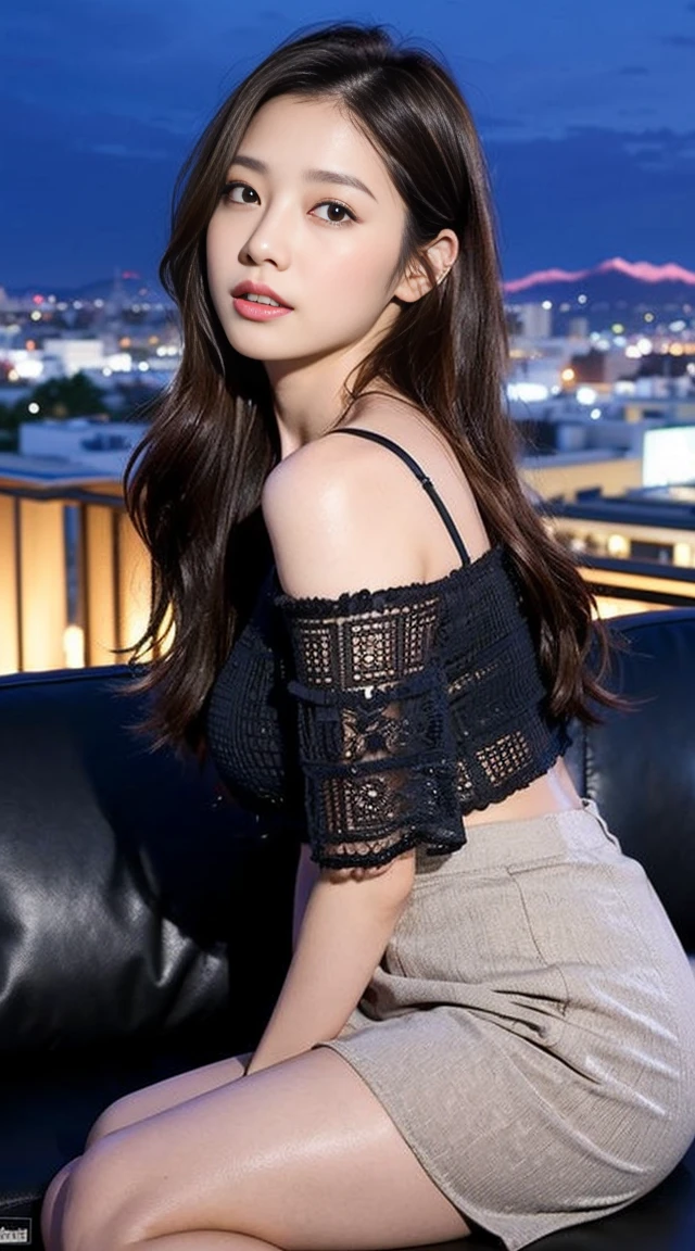dark brown hair、Light brown eyes、The face of the Japan actress、 Lady、face of about 38 years old.、(intricate-detail:1.2)、(top-quality:1.4)、 (超A high resolution:1.2)、超A high resolution、(A detailed eye)、(detailed facial features)、nffsw、8K resolution、D-cup size breasts、、Ass facing me、i am wearing a long skirt.、length hair、Night view of Los Angeles、背景にNight view of Los Angelesが見える、While looking at the wonderful night view、sitting on a sofa on the terrace of a rooftop bar、setup fashion、LA fashion、LA casual fashion、los angeles fashion、