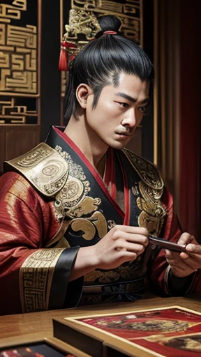 oriental、man in ancient chinese clothes、ancient chinese hairstyle man、three kingdom、multiple warlords、top-quality、masterpiece、超A high resolution、(Photorealsitic:1.4)、Game Posters、inside the house、