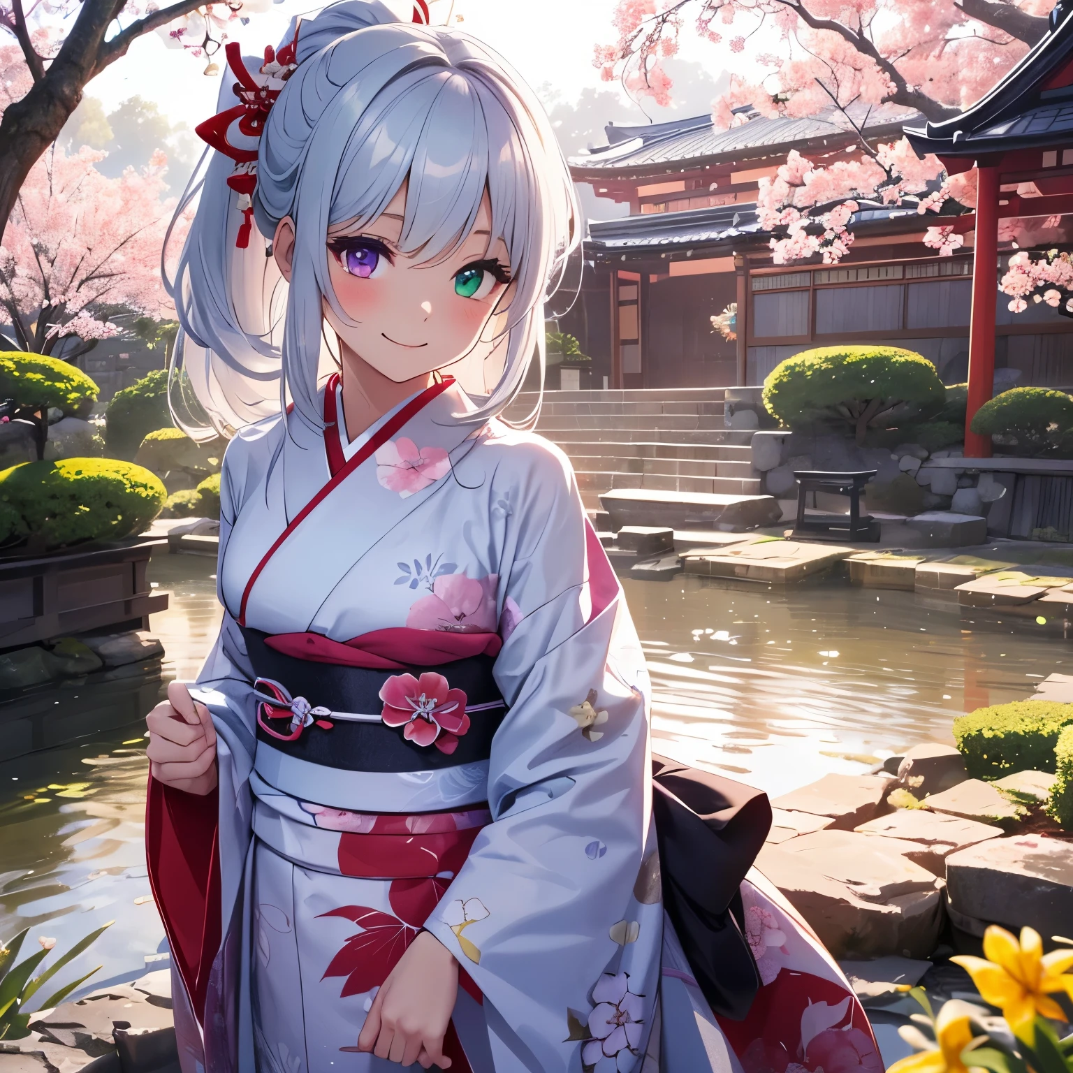 Highest quality、Photorealsitic、The ultra-detailliert、delicate、orderly、high détails、bluish-silver ponytail、(Drooping heterochromia iris:1.4)、Gamine、10yaers old、embarrassed from、a smile、A slender、fullllbody、blured background、(1 girl in:1.2)、GameCG、dynamic ungle、(Bioluminescent hair、radiant eyes:1.2)、ambient occlusion、ambient lights、ray trace reflection、Glow、glowing aura、Radiant hair、(Japanese new year、kimono,floral printed kimono,Red and white kimono、Japanese garden scenery、Plum Blossom、Winter sunshine、A girl smiling outdoors during the day:1.3)