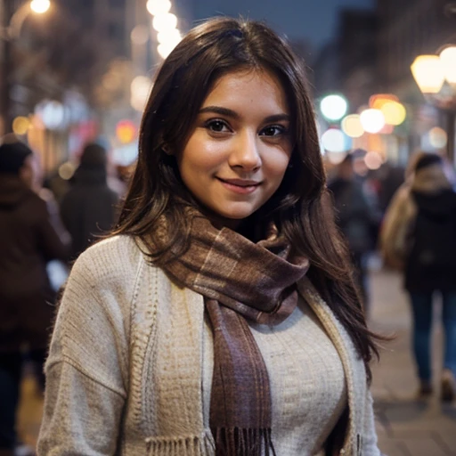 Create an image of half body of a beautiful sweet girl. She was wearing scarf,tight shirt and was staring and smiling at someone. Background was bokeh effect of lamp at city