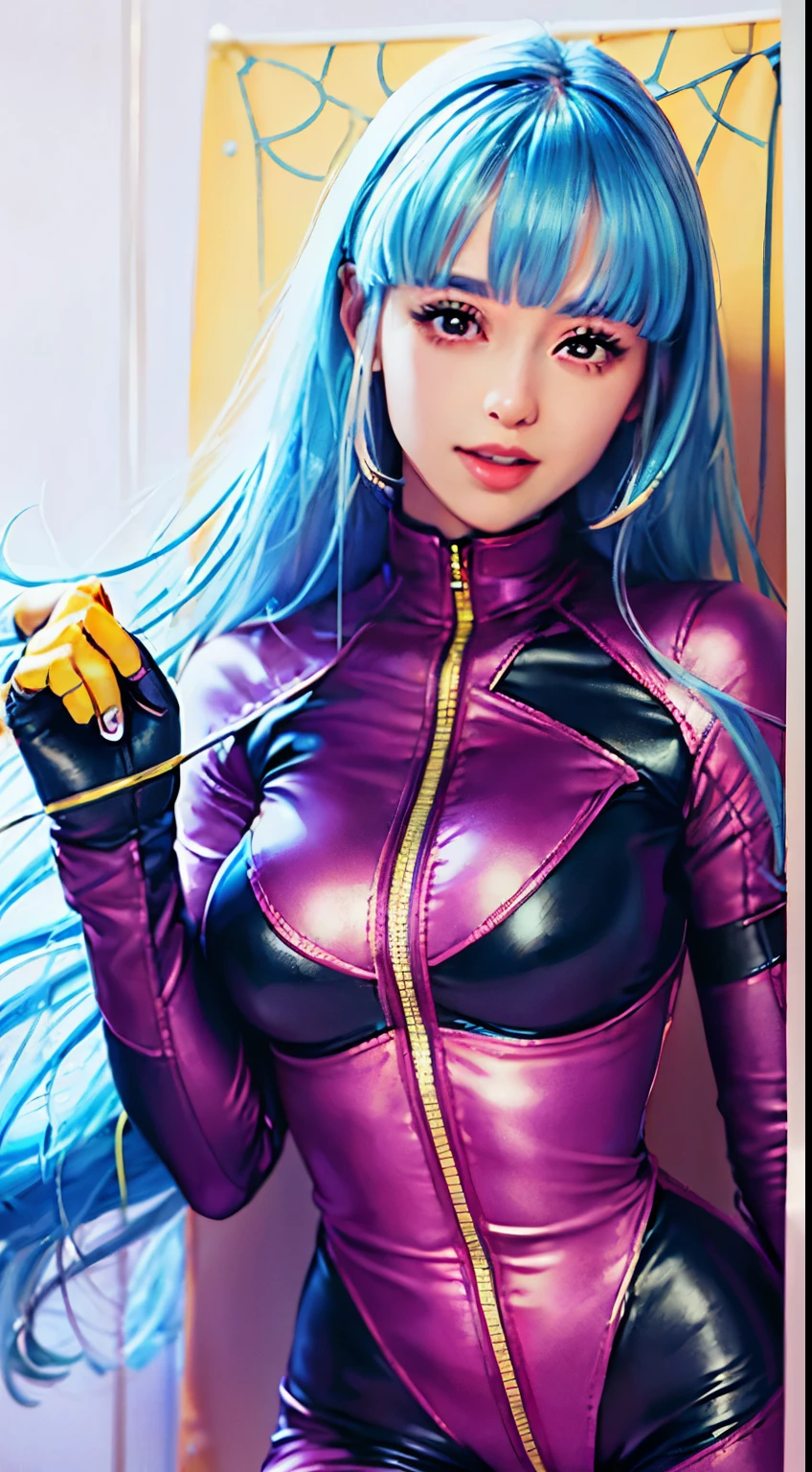 (masterpiece、top-quality、hight resolution)、cowboy shot、1girl with、独奏、Cooler、(Purple Bodysuit:1.2),、boot cut trousers、Yellow gloves、zippers、The long-haired、blue hairs、master-piece,hyper quality, hyper detailed,perfect drawing,独奏,(8k、top-quality、masterpiece:1.2)、(FULL BODYSHOT:1.5)、1girl with、top-quality、high detal、The whole body is reflected、(solid eyes) (Beautiful), Hair details、well-groomed bangs、Delicate Full Body Portrayal, delicate facial portrayal, Top image quality, hight resolution、(masterpiece:1.2), (top-quality:1.2), (top-quality), (ultra-detailliert), (The best illustrations), (Photorealsitic:1.4), Realistic human skin, 超hight resolution, 8K, (extremely delicate and beautiful:1.2), Beautiful skin、Patchy eyes、roundly eyes、Beautiful double eyelids、Beautiful eyelashes、beautidful eyes、二重まぶた、Patchy duplex、Beautiful eye makeup、Beautiful nasal muscles、Beautiful lips、a lot of bangs、Smile,、Laughing、huge smile、にっこりLaughing、The whole body is reflected