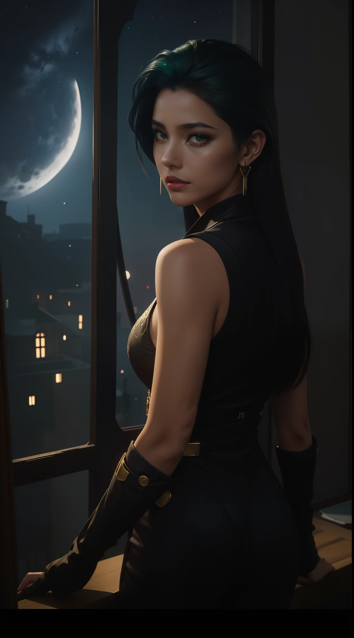 1girl, anus, ass, black hair, blurry, blurry background, censored, city lights, cityscape, depth of field, earrings, elbow gloves, full moon, jewelry, lips, lipstick, looking at viewer, looking back, makeup, mole, moon, night, night sky, presenting, pubic hair, , sky, skyscraper, solo, star \(sky\), starry sky, window, juventude colorida:Menina de 25 anos, cabelo de dreads verde, oil painted, rosto perfeito, rosto perfeito, imagem intrincada, Tons de verde,Cor vermelha clara adicionada, 8K resolution,ArtStation Pintura Digital, it's smooth and a lot of black ink flow :Obra-prima fotorrealista:pintura de guache fluido intrincadamente detalhada:Escrito por Brunna Mancuso:caligrafia:propileno:arte em aquarela,fotografado profissionalmente,natural lighting,Photographic illustration of minimalist volumetric lighting:Escrito por Marton Bobzert: intrincado,Ellegance,Alastrando, magical dream,cabelo em chamas,cheio de vida