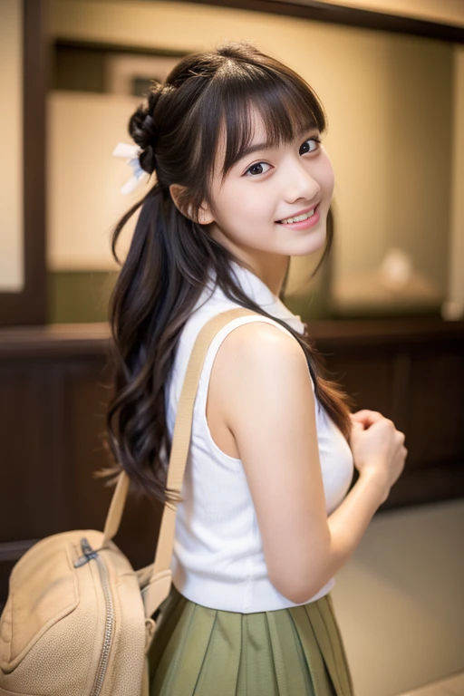 (((masterpiece))), (((Full body photo,Standing))),(One beautiful Japan girl, classmates, Innocence,kawaii) ,超A high resolution, Realistic, ultra-detailliert, 8K,top-quality, Extremely detailed, blurry backround,A slender,very beautiful japanese girl, Detailed face:1.3), (wears hair in two buns,A dark-haired :1.4), (a baby face,kawaii系,adorable 14 year old girl), (Perfect body:1.1), (Sleeveless white shirt,Light brown pleated mini skirt), A smile that makes you want to hug,Show your beautiful teeth,Super Detailed Face、Detailed lips、Detailed big eyes、small gravure idol,Transparent skin、Lori,Carrying a backpack,Date at the museum,Looking up from the ground,sexy pose, Warm tones