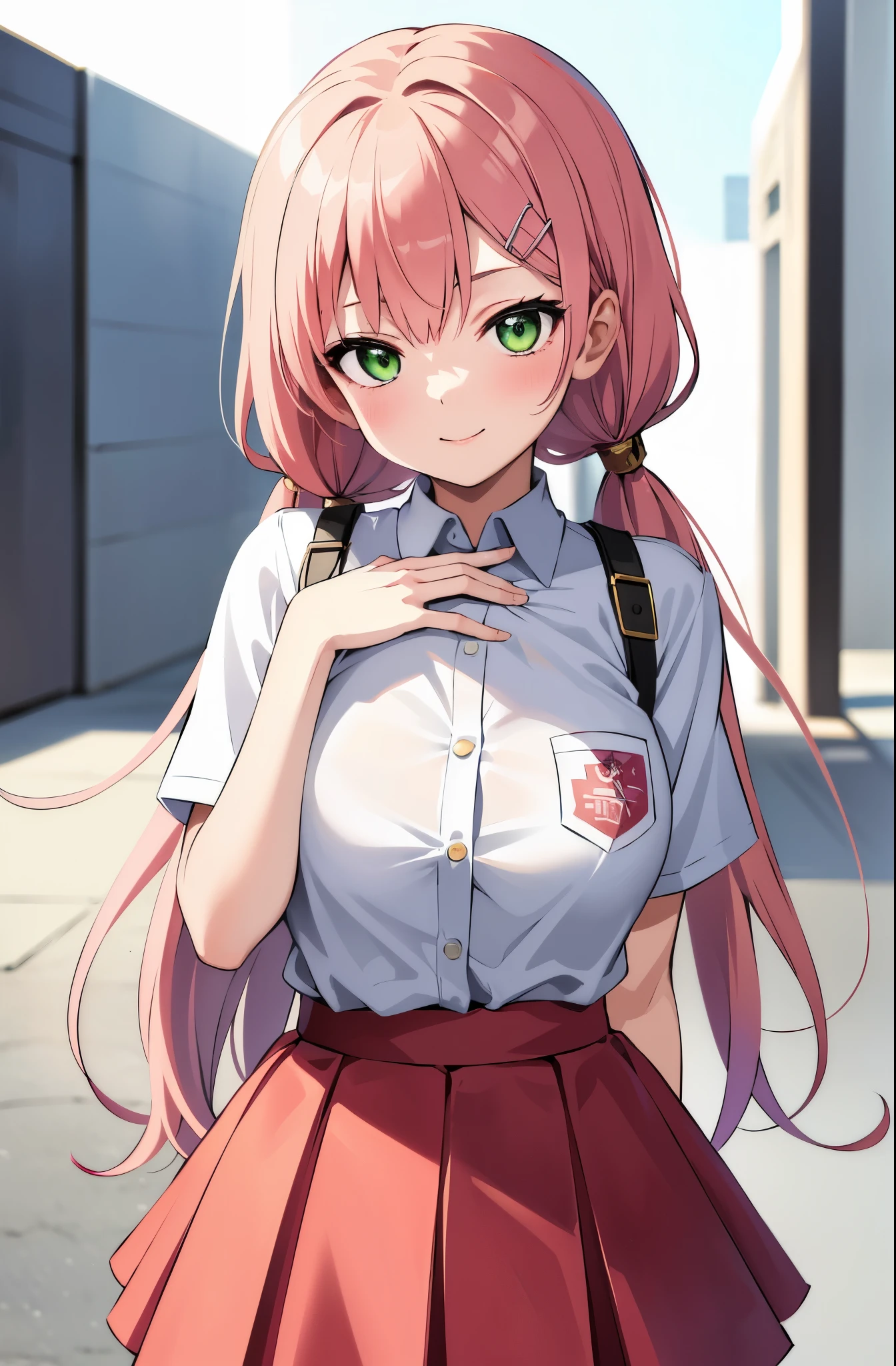 top-quality, Top image quality, masterpiece, full body, high quality, Beautiful Art, one girl, (chibi:1.15), looking at viewer, dynamic pose, seductive pose, (hand on own chest:1.3), ((, Best Bust, huge bust:1.2)), detailed tooth, light green eye rest, Pink hair, pink twin tails, slender, Large valleys, nude, smile, white collared shirt, school uniform, (open shirt:1.1), skirt, (short sleeve shirt:1.1), white background,