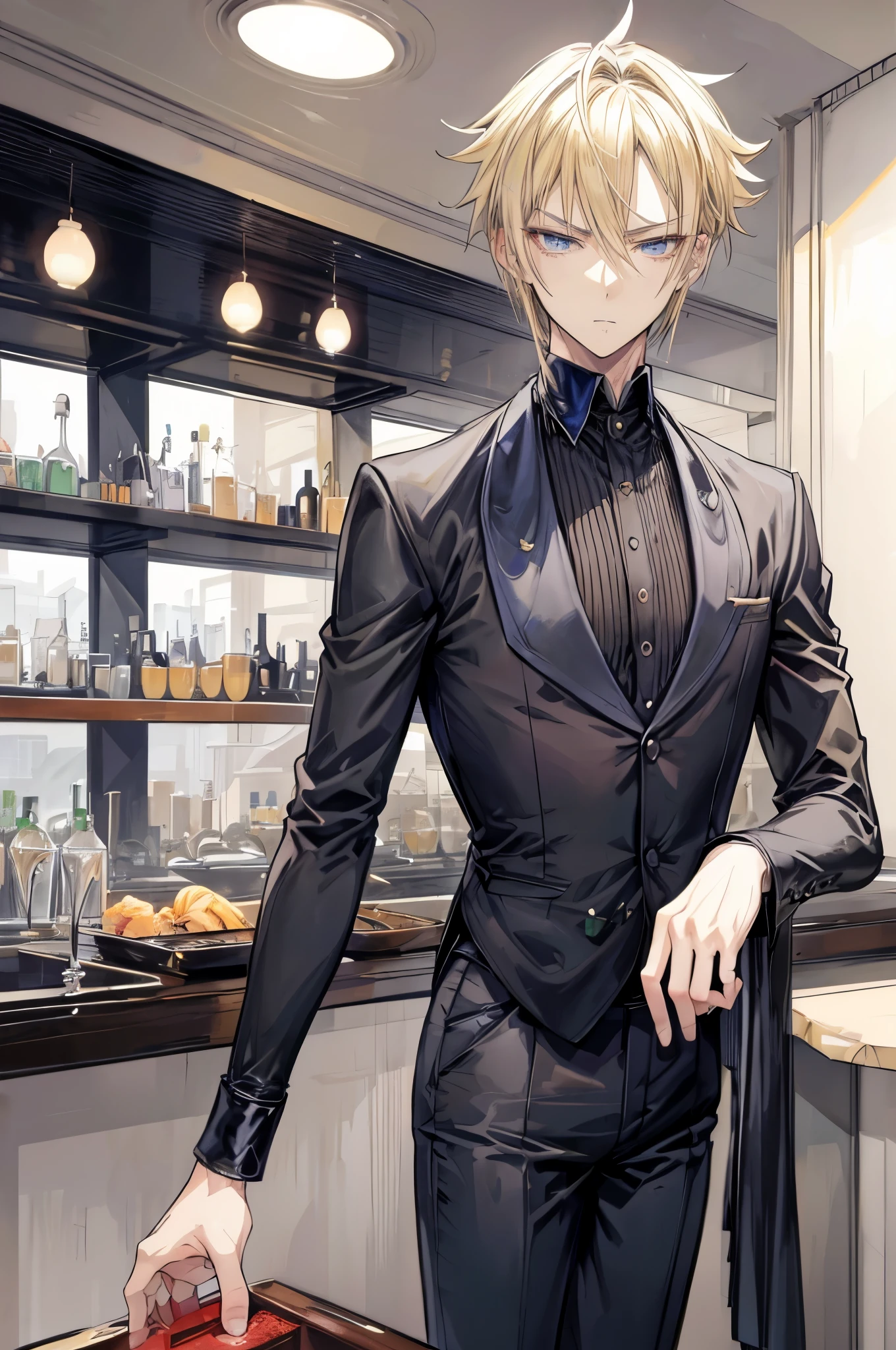 (flat color:1.1),(masterpiece:1.2), best quality, masterpiece, original,short blonde spiky hair, (mature handsome anime man looking at the camera with a gentle yet neutral expression:1.2), wearing formal casual outfit, bartender