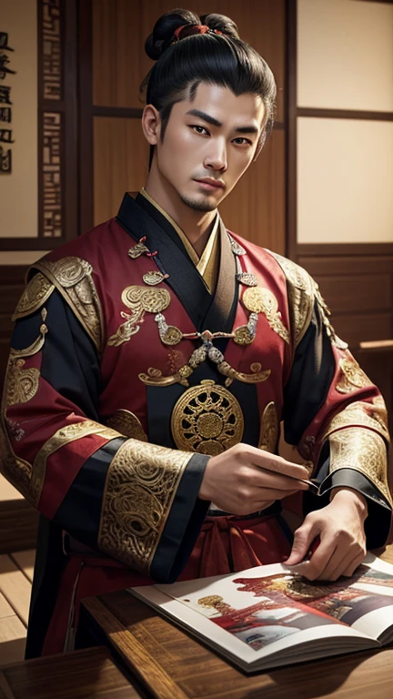 oriental、man in ancient chinese clothes、ancient chinese hairstyle man、three kingdom、multiple warlords、top-quality、masterpiece、超A high resolution、(Photorealsitic:1.4)、Game Posters、inside the house、Clear and beautiful image quality、