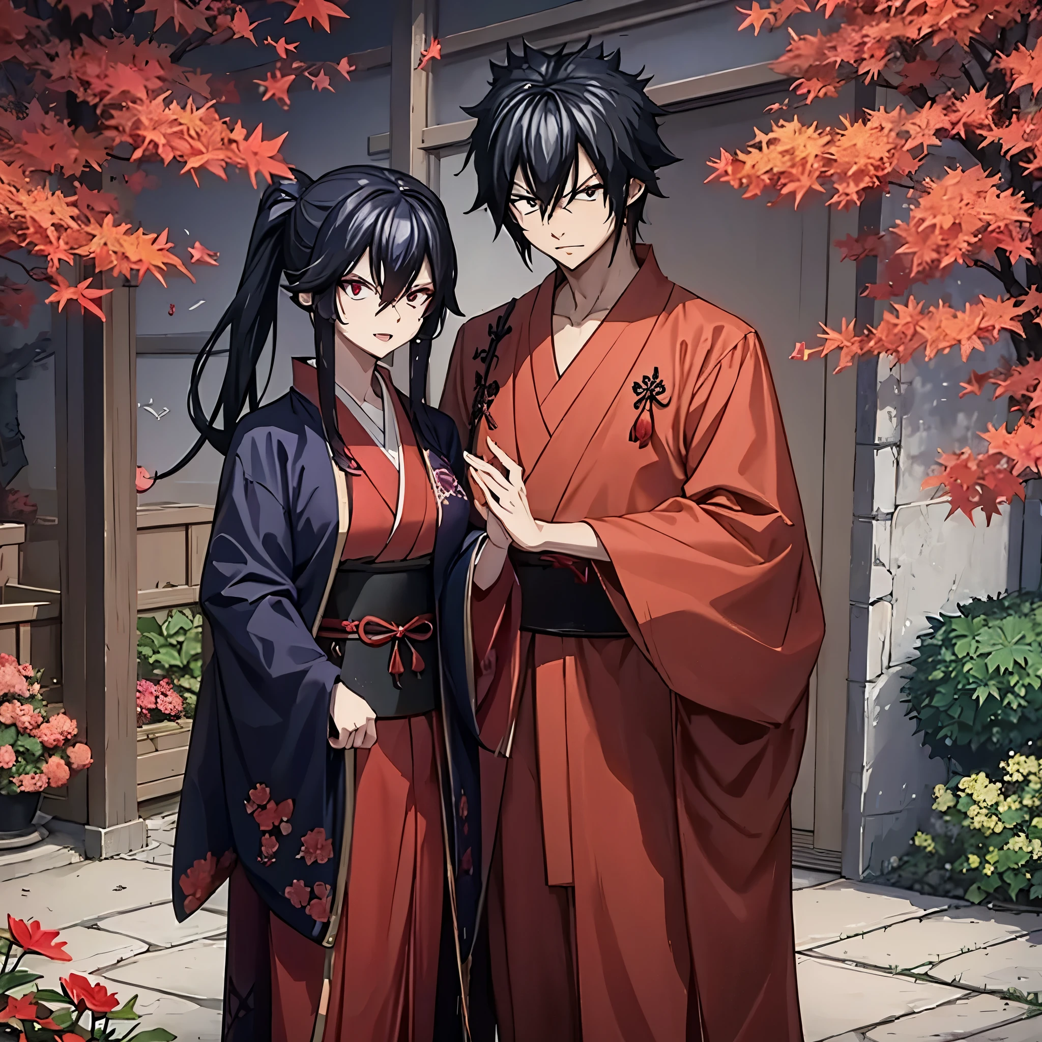 gray fullbuster using wearing heavy samurai armor next to a woman (eye red) sorridente in a red kimono in a in a Japanese autumn garden