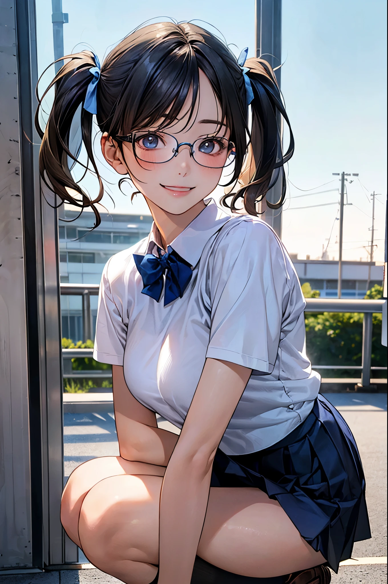 (masterpiece:1.2, top-quality), (realistic, photorealistic:1.4), beautiful illustration, NSFW,
looking at viewer, cowboy shot, front view:0.8,
1 girl, japanese, high school girl, (short hair:1.5, twintails:1.7), brown hair, blue eyes, large breasts:0.5, (thick thighs),
beautiful hair, beautiful face, beautiful detailed eyes, beautiful clavicle, beautiful body, beautiful chest, beautiful thigh, beautiful legs, beautiful fingers,
((summer school uniform, white y-shirt:1.1, dark blue skirt, pleated skirt:1.1, glasses, dark blue socks, black loafers, )),
(beautiful scenery), school, wind blowing, wind lift, squatting, fold arms,
(erotic, sexy, upper eyes, lovely smile), shiny skin,
perfect face, cute and symmetrical face, natural side lighting, movie lighting),