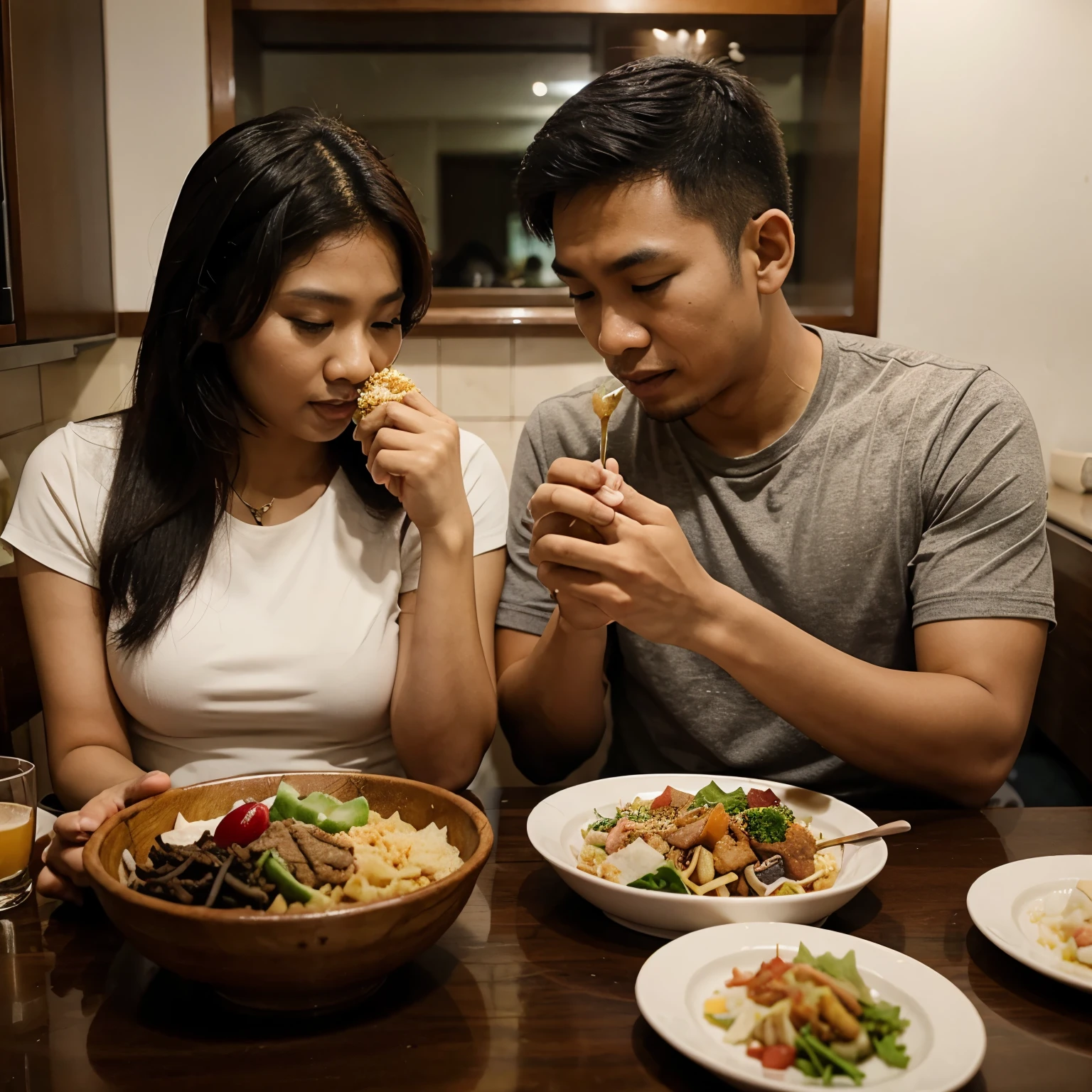 a malay couple , eat together