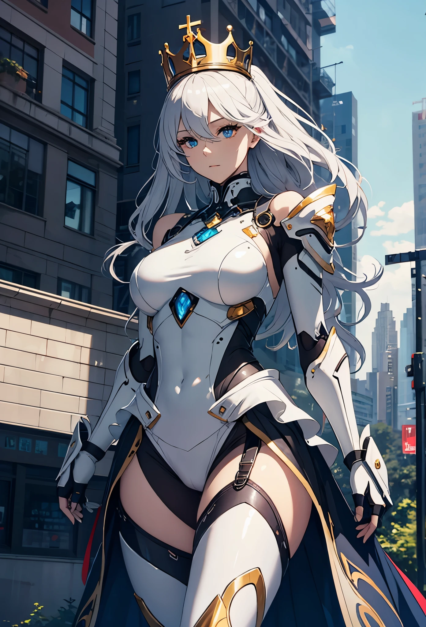 (Detailed illustrations,Very detailed and detailed drawing,Delicate lines with slow and rapid,Realistic texture expression),[Color tressed main line],[Modern city skyscrapers background],(ANIME)(A pure white GIANTROBOT Girl towering over the building area(SKINNY[SLENDER])),[AUTOMATON](A painstaking face like a sculpture[METALFACE[青白く発光するJewel-like eyes]])[(MACHINEKNIGHT)[Titanium internal skeleton](Delicate thin fingers)]],((Elegant exterior with many curved surfaces[smooth body surface])(large crown [[large raised shoulder pad]])(Ruffle Petticoat)),[TITANWEAPON[It is called the princess lily of white porcelain]Mecha Body[Metal skin][Cable running down the body surface[gear wheel]]],[Platinum coating],[科幻小说(Electromechanical)[Steampunk]],([beautiful and artistic decoration][Dense detail [White lily pattern]])[Transparency],(detaileds,high-detail),(Precisely drawn face[(Perfect and beautiful face)[Jewel-like eyes]]),[long and beautiful eyelashes],[Meticulously drawn hair [美しく艷やかな髪のdetaileds]],(完璧な手のdetaileds [Beautiful fingers without breakdowns [Beautiful nails]]),(Perfect Anatomy(Perfectly proportioned)),[Ideal color coordination(Accurate simulation of light-material interactions)],([Precision Detail](detaileds,high-detail)),(Huge feeling[Total length 40 meters])[[Full body like]][Visual art that conveys a sense of narrative].