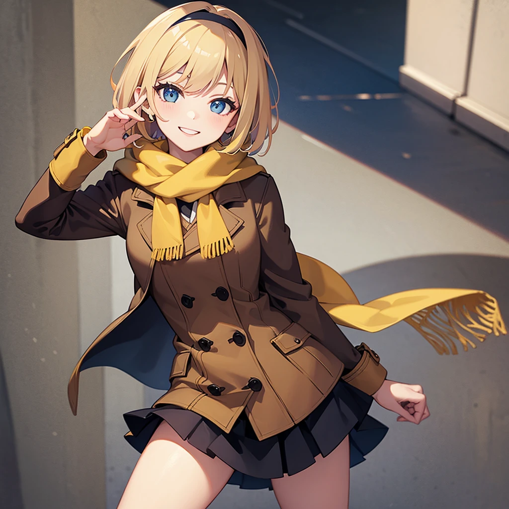 Masterpiece, solo, 1girl, smiling, scarf, coat, short skirt, short blonde hair, scrunchie on wrist
