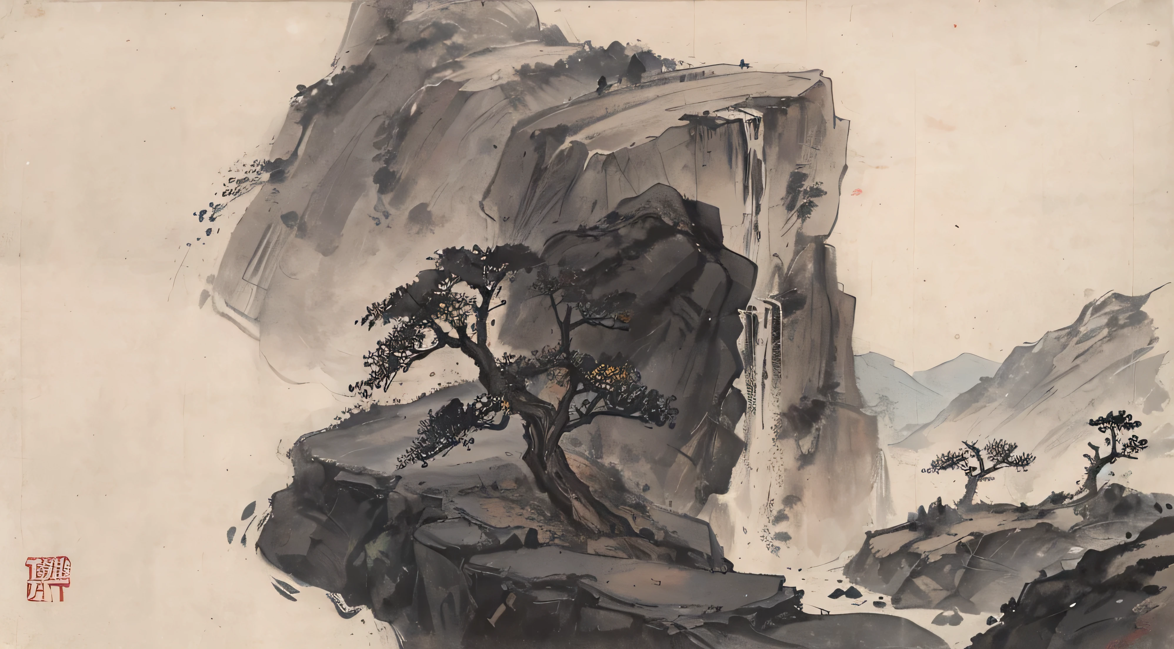 (Masterpiece, best quality: 1.2), traditional Chinese ink painting, high mountains, small hillsides, rocks, trees, no humans, cliffs