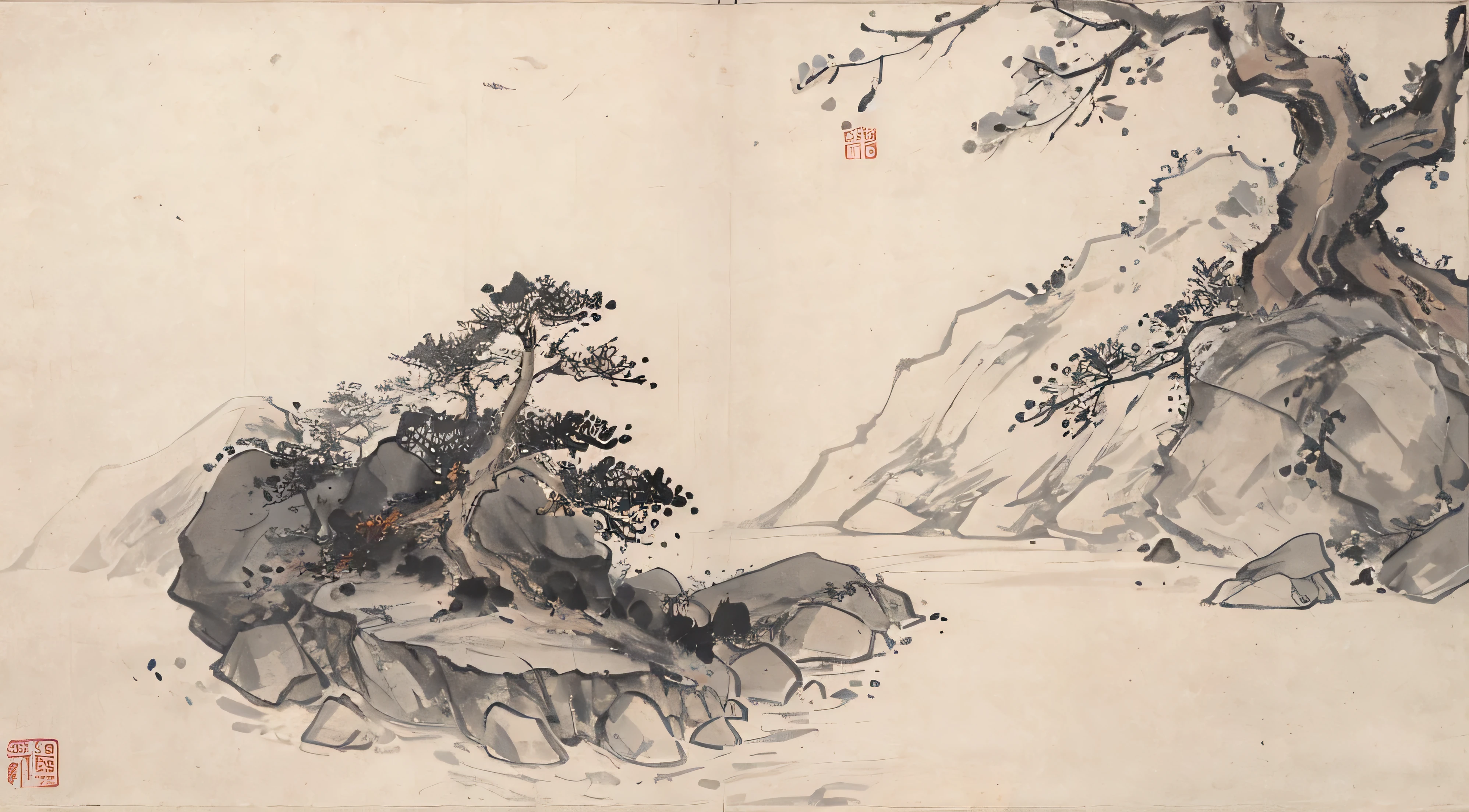 (Masterpiece, best quality: 1.2), traditional Chinese ink painting, high mountains, small hillsides, rocks, trees, no humans, cliffs