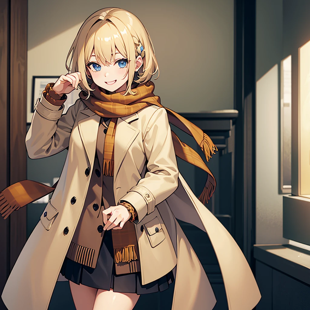 Masterpiece, solo, 1girl, smiling, scarf, coat, short skirt, short blonde hair, scrunchie on wrist