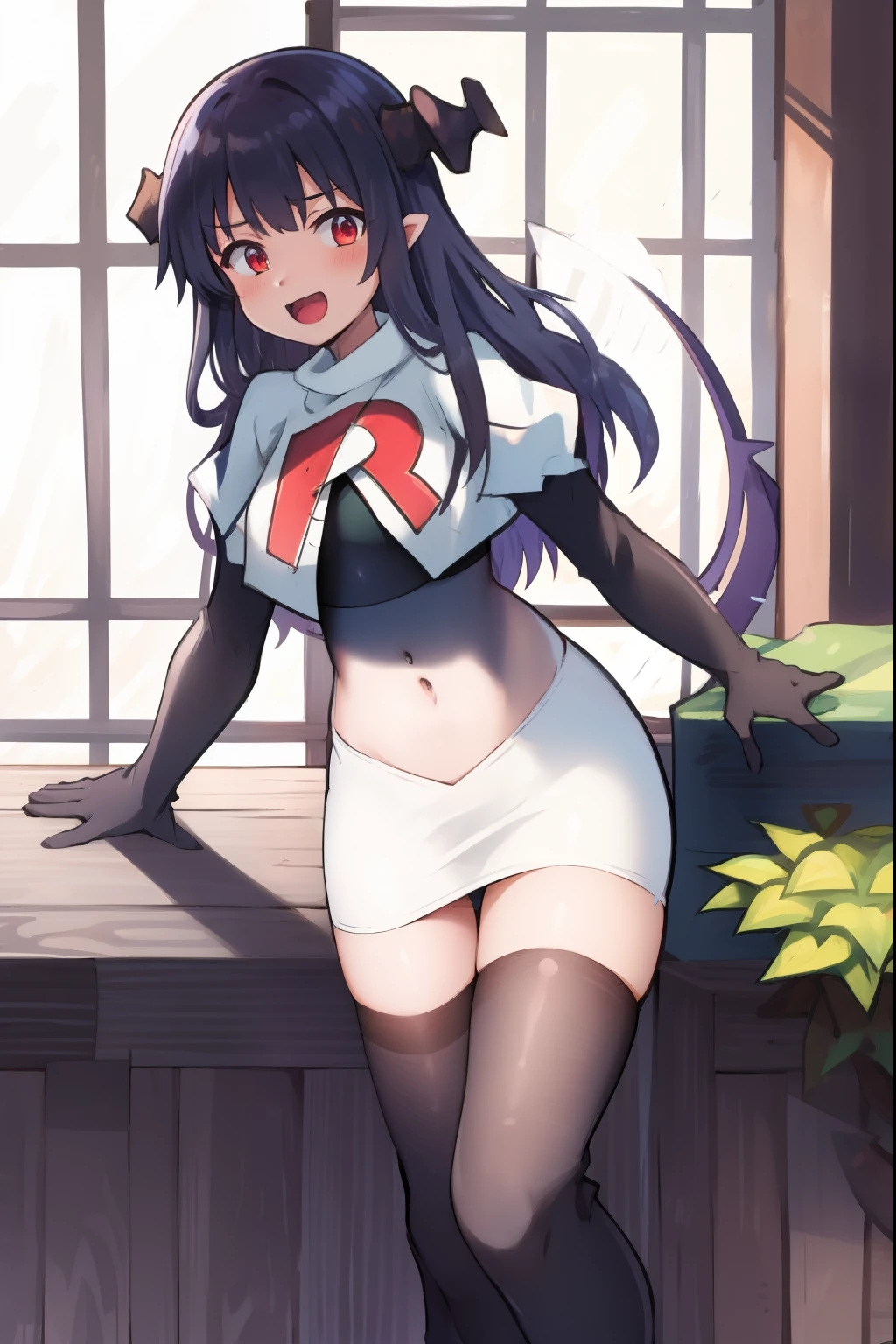 yuukikonno, yuuki konno, hairband, long hair, pointy ears, purple hair, (red eyes:1.5), (small breasts:1.2),
BREAK team rocket,team rocket uniform,white skirt,red letter R,crop top,black thigh-highs,black elbow gloves,
BREAK looking at viewer,
BREAK outdoors, forest, nature,
BREAK (masterpiece:1.2), best quality, high resolution, unity 8k wallpaper, (illustration:0.8), (beautiful detailed eyes:1.6), extremely detailed face, perfect lighting, extremely detailed CG, (perfect hands, perfect anatomy),