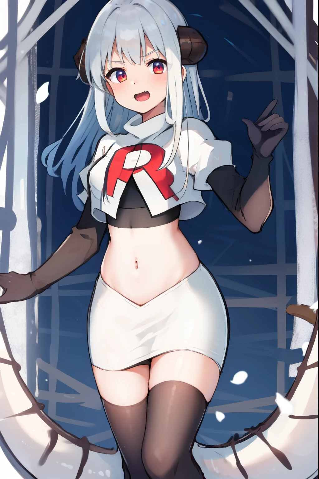 (Realistic painting style:1.1), masterpiece, best quality, absurdres, looking at viewer, solo,kallen kaslana (sixth serenade), kallen kaslana, white hair, ahoge, 1girl, solo, blue eyes, braid, looking at viewer, gloves, smile, long hair, braided ponytail, bangs, hair between eyes, (large breasts:0.8), hair ornament, single braid, team rocket,team rocket uniform,white skirt,red letter R,crop top,black thigh-highs,black elbow gloves,