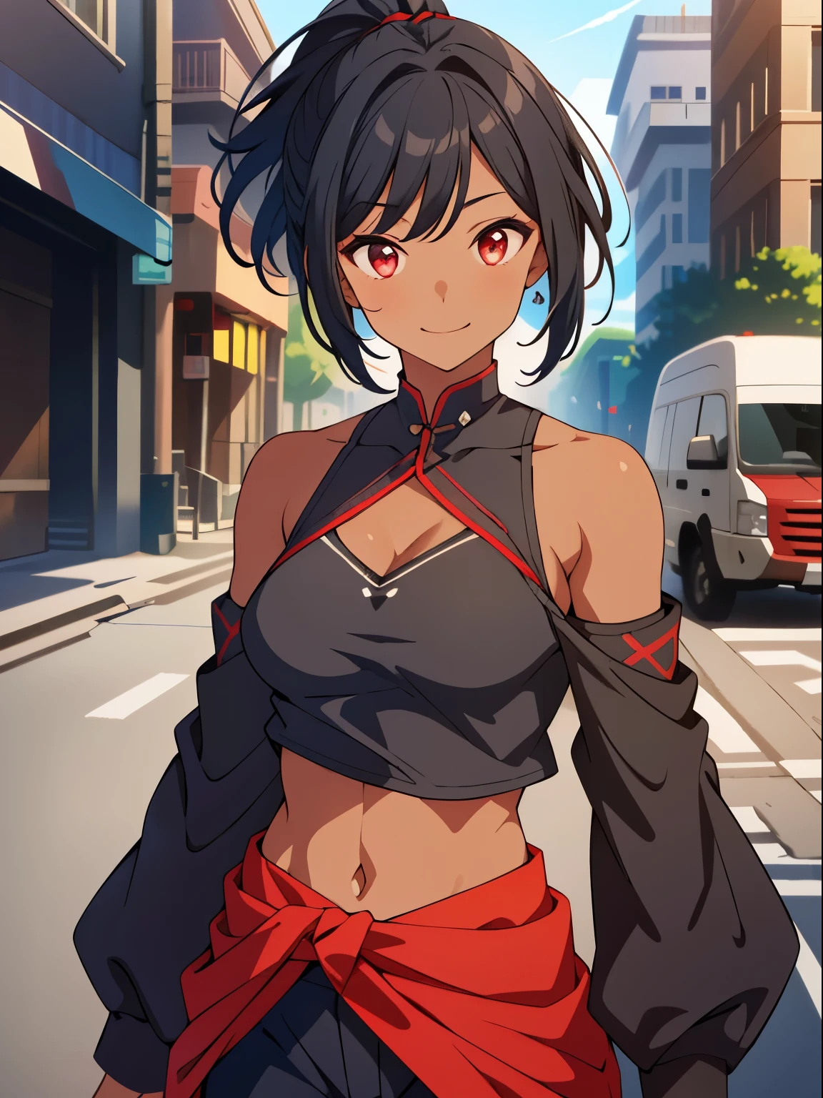 dreamy, (masterpiece), best quality, 1girl, Black short hair, amazing, beautiful detailed eyes, red eyes, fine details, depth of field, extremely detailed CG, ((Black skin)), Black shirt with red details, black pants, red sleeves , small breasts, muscular girl, korra, dark skin, dark-skinned female, ponytail, hair tubes, short hair, bare shoulders, perfect anatomy, perfect hands, 1girl, solo,(high detailed skin:1.2), beautiful (skinny:0.8), (black skin:0.2), street background , smiling, Stop
