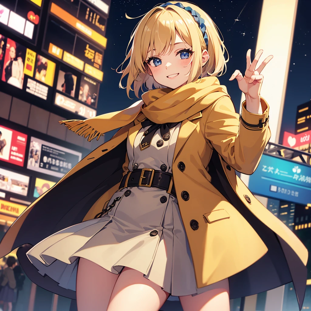 Masterpiece, solo, 1girl, smiling, scarf, coat, short skirt, short blonde hair, scrunchie on wrist