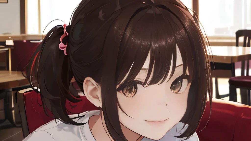 (masterpiece、top-quality:1.2), 独奏, 1girl in, piper, very smiling,Look at viewers, Brown hair, poneyTail, white t-shirts, (Brown hair, Short hair, Bangs),in a cafe,detailed skin,Sitting on a chair,Close-up shot,up of face,happy,seductive smile,poneyTail