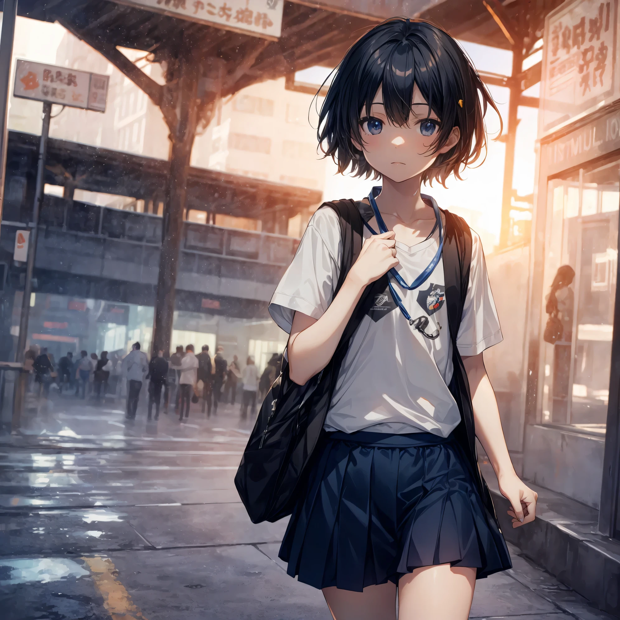 Super high quality by the art god, Ultra-detailed, High resolution, Shinkai Makoto style, anime moe art style, best anime 8K konachan wallpaper, Pixiv Contest Winner, Perfect Anatomy, BREAK,(Please draw a sleepy girl going to school alone.. ),BREAK, a hyperrealistic schoolgirl, (Solo,Lori,,13yea:1.3),Full limbs, complete fingers,a junior gynous attraction, (extra very short hair), hair messy, flat and soft chest, Small butt, groin, Small eyes,Beautiful detailed black eyes, Well-proportioned iris and pupils, disgusted eye, High resolution detailed hair, School uniform, Skirt,  On the way to school. BREAK,Ultra-detailed細なスキン, Best lighting by famous artists, 8K, Illustration,