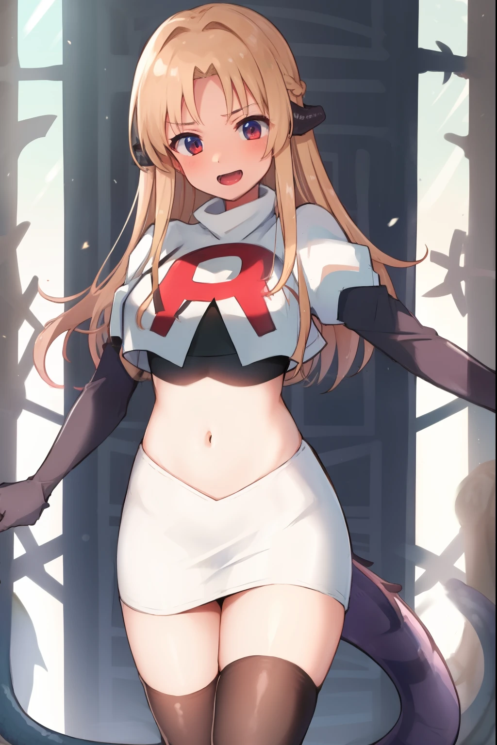 absurdres,masterpiece, best quality, highres, high quality, 1girl, dragon tail, dragon wings, dragon horns,team rocket,team rocket uniform,white skirt,red letter R,crop top,black thigh-highs,black elbow gloves,