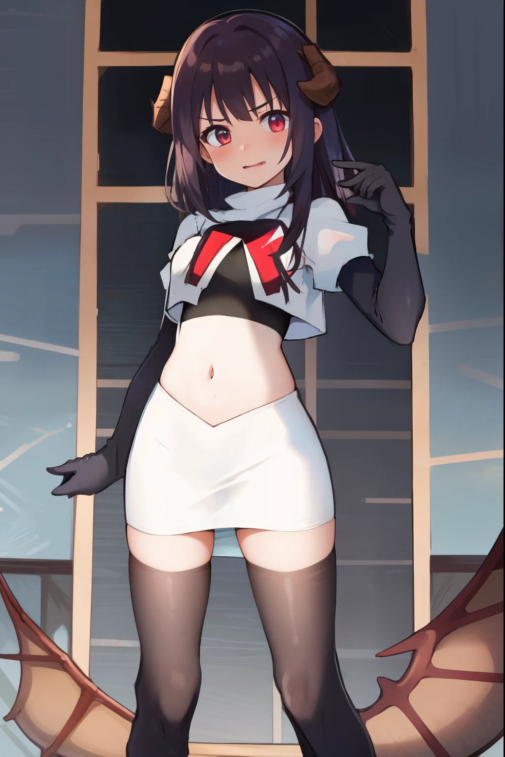 nishimuraakane, bright pupils, small body, hair over one eye, white pupils, yellow hairband, black eyes,team rocket,1girl,team rocket uniform,white skirt,crop top,black thigh-high boots,black elbow gloves,