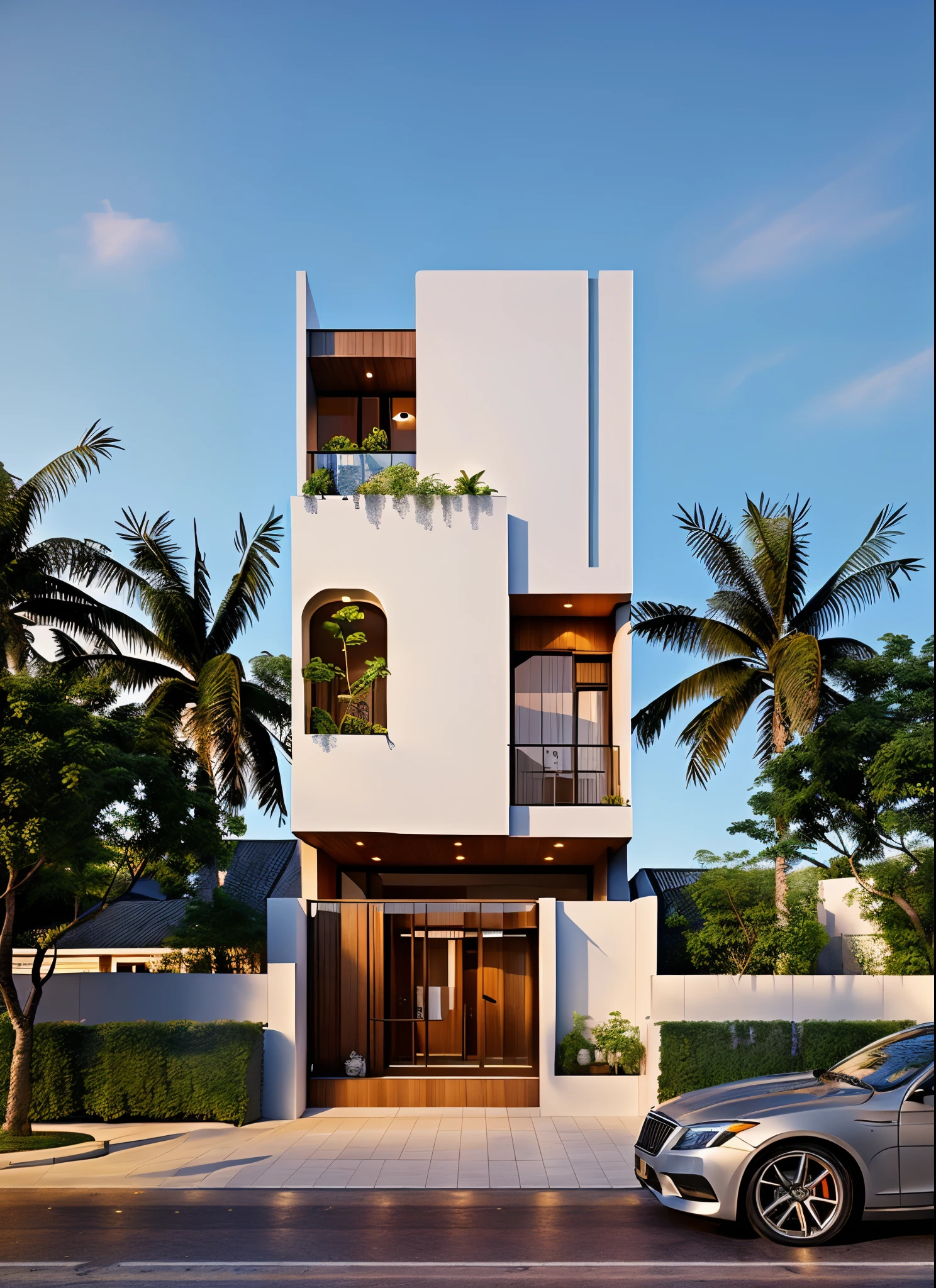 Realistic, vray realistic , DAYLIGHT, 8k uhd, morden townhouse, road infront of house, wood ceilling:1.4, (high detailed skin:1.3), hight shadow, blue sky:1.5, ultra quality, film grain, Fujifilm XT3, sharp image, best quality, authentic, hight quality, LIGHT FROMT INDOOR