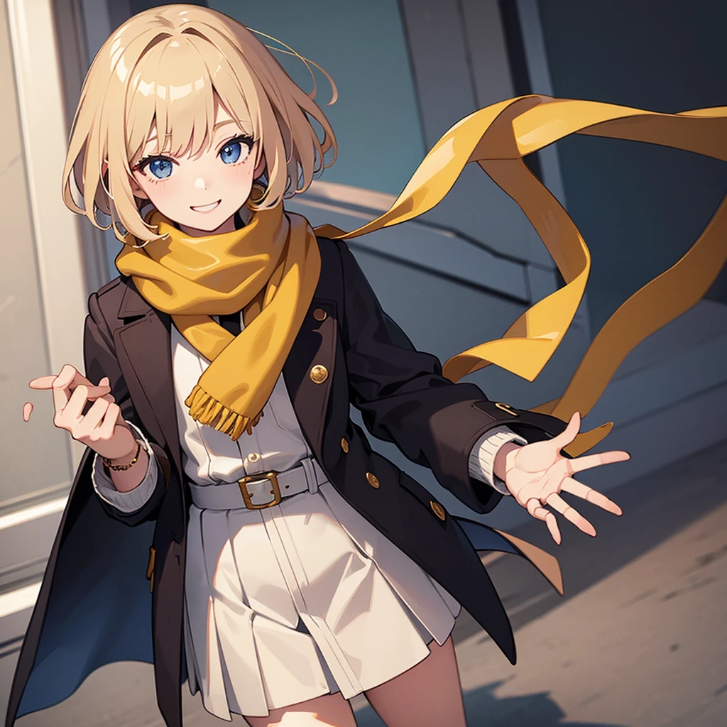 Masterpiece, solo, 1girl, smiling, scarf, coat, short skirt, short blonde hair, scrunchie on wrist