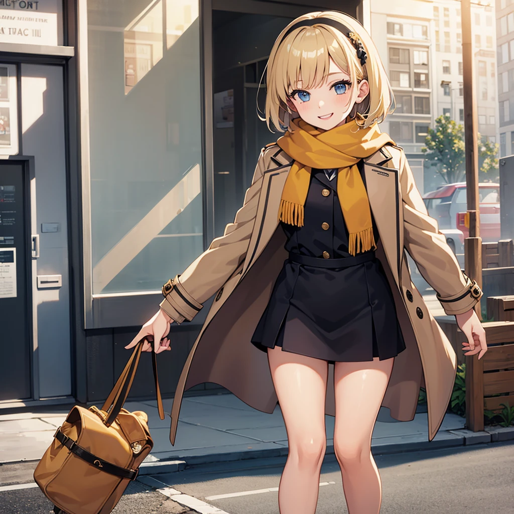 Masterpiece, solo, 1girl, smiling, scarf, coat, short skirt, short blonde hair, scrunchie on wrist