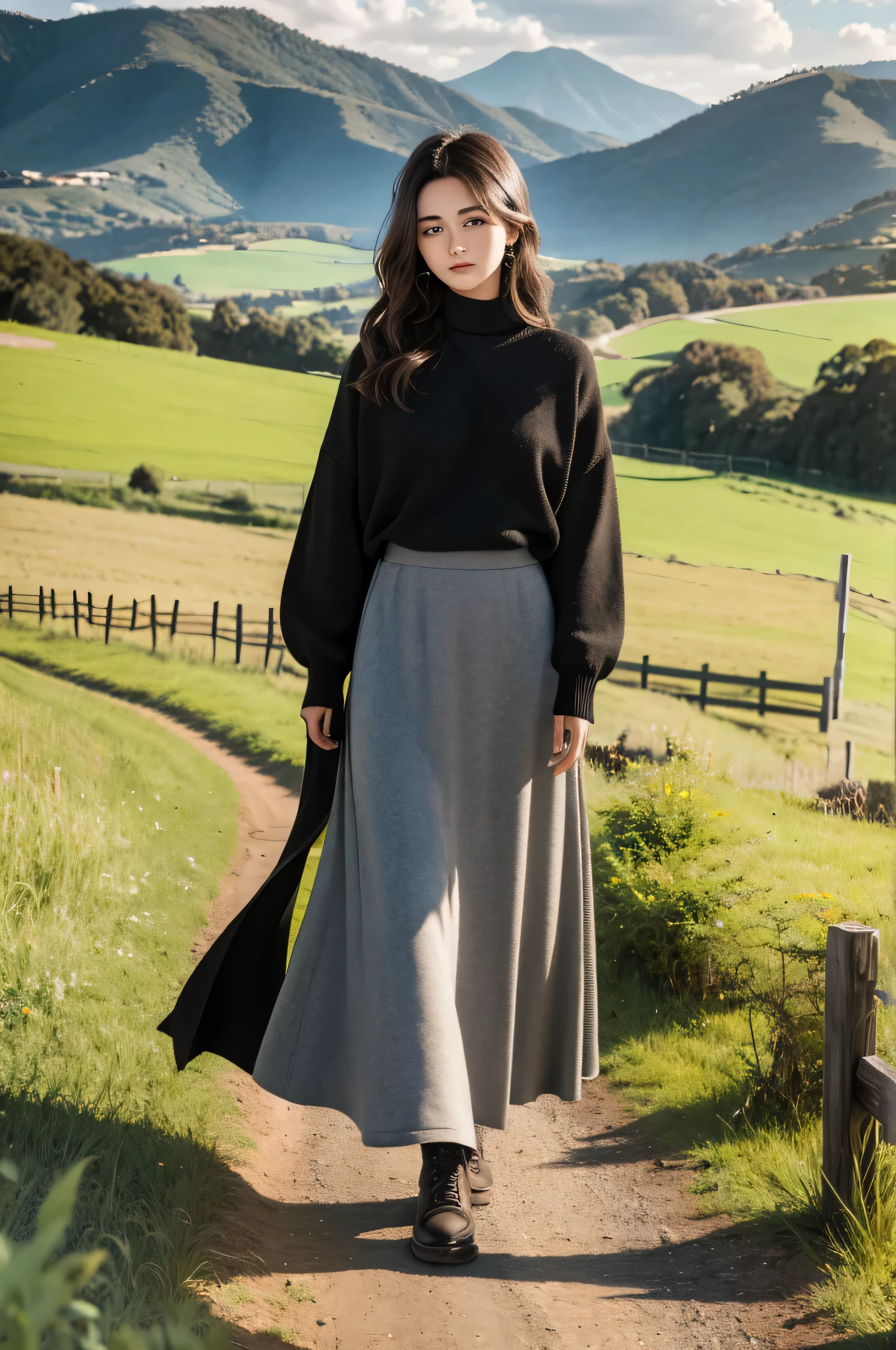 {there is a young girl standing along a country road. she is beautiful, and attractive. she is wearing a black jumper, and a black long maxi skirt. she has beautiful long brown hair, and beautiful hazel eyes. it is cloudy. the country road is of dirt, with a stone fence running along either side of the road. there is grass fields on the other sides of the fences. there is hills in the background, and a house on top of one of the hills.}, {best quality}, {{masterpiece}}, {highres}, {{{8k}}}, extremely detailed girl, {{{caucasian skin}}}, {{{detailed face}}}, {photo-realism}, {{perfect anatomy}}, sharp focus, {{{character{1 girl}}}}, solo, {{{{{sharp focus}}}}}, {{{detailed cloth texture}}}, {{{detailed skin texture}}}, {{{smooth lighting}}}, {{australian decent}}, {{18-years old girl}},