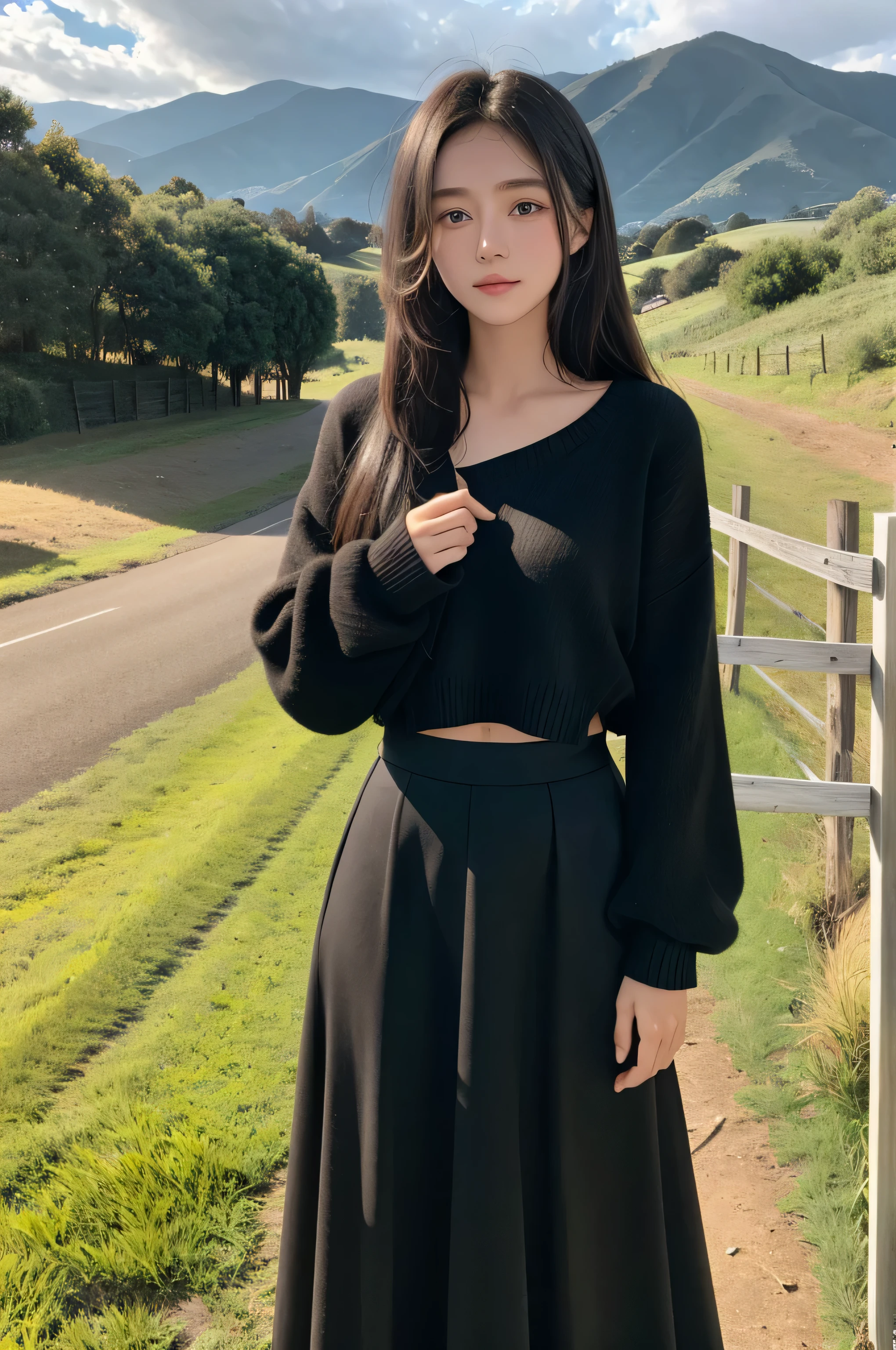{there is a young girl standing along a country road. she is beautiful, and attractive. she is wearing a black jumper, and a black long maxi skirt. she has beautiful long brown hair, and beautiful hazel eyes. it is cloudy. the country road is of dirt, with a stone fence running along either side of the road. there is grass fields on the other sides of the fences. there is hills in the background, and a house on top of one of the hills.}, {best quality}, {{masterpiece}}, {highres}, {{{8k}}}, extremely detailed girl, {{{caucasian skin}}}, {{{detailed face}}}, {photo-realism}, {{perfect anatomy}}, sharp focus, {{{character{1 girl}}}}, solo, {{{{{sharp focus}}}}}, {{{detailed cloth texture}}}, {{{detailed skin texture}}}, {{{smooth lighting}}}, {{australian decent}}, {{18-years old girl}},