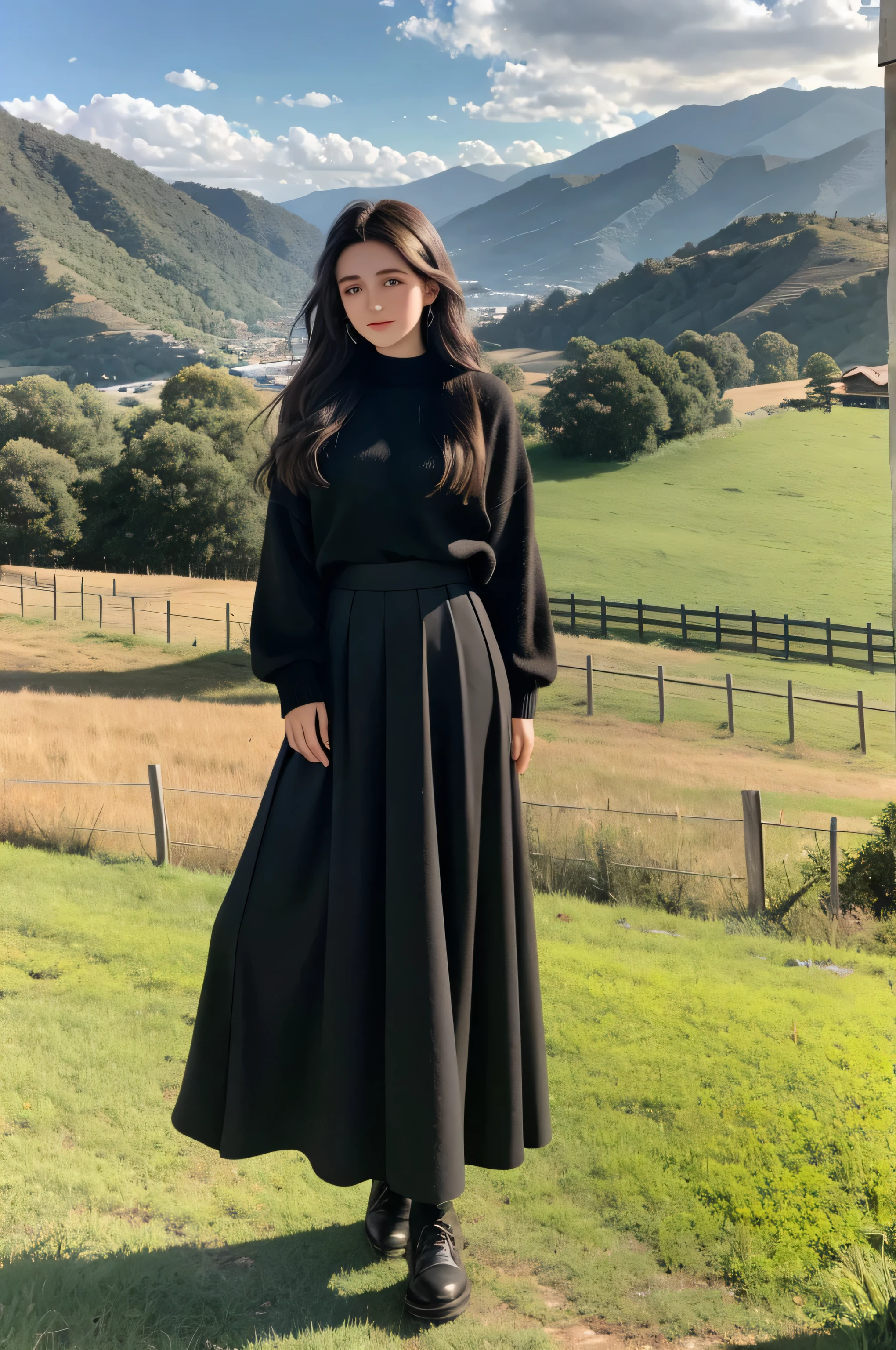 {there is a young girl standing along a country road. she is beautiful, and attractive. she is wearing a black jumper, and a black long maxi skirt. she has beautiful long brown hair, and beautiful hazel eyes. it is cloudy. the country road is of dirt, with a stone fence running along either side of the road. there is grass fields on the other sides of the fences. there is hills in the background, and a house on top of one of the hills.}, {best quality}, {{masterpiece}}, {highres}, {{{8k}}}, extremely detailed girl, {{{caucasian skin}}}, {{{detailed face}}}, {photo-realism}, {{perfect anatomy}}, sharp focus, {{{character{1 girl}}}}, solo, {{{{{sharp focus}}}}}, {{{detailed cloth texture}}}, {{{detailed skin texture}}}, {{{smooth lighting}}}, {{australian decent}}, {{18-years old girl}},