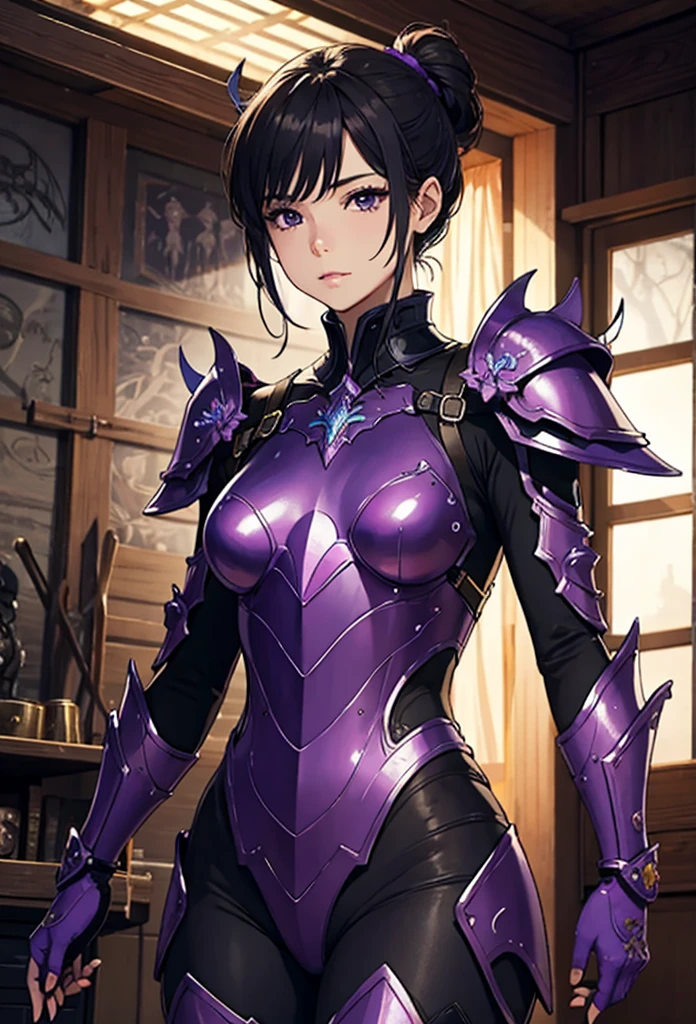 (Detailed illustrations,Very detailed and detailed drawing,Delicate lines with slow and rapid,Realistic texture expression),[Color tressed main line],(Fantasy World Battlefield Background [Burning castle]),(GIRL ROBOT 16yo (purple scorpion[METALFACE]) (SKINNY)) [WEAPON MACHINE],((NINJA Sengoku Armor))[stall],[[poisonous scorpion pattern]],[Use a ninja sword as a weapon],[[Mobile Weapon Gigant Size][Science Fiction Mechanical]],[Clear purple translucent shell that covers the body surface],(Intricate and beautiful decoration [Dense detail]),[Transparency],(Precisely drawn face)[完璧な目のdetaileds(Iris beautifully drawn in every detail)[Jewel-like eyes]],[long and beautiful eyelashes],[Meticulously drawn hair [美しく艷やかな髪のdetaileds]],(完璧な手のdetaileds [Beautiful fingers without breakdowns [Beautiful nails]]),(Perfect Anatomy(Perfectly proportioned))[[Full body like]],[Ideal color coordination(Accurate simulation of light-material interactions)],([Precision Detail](detaileds,high-detail)),[Visual art that conveys a sense of narrative].