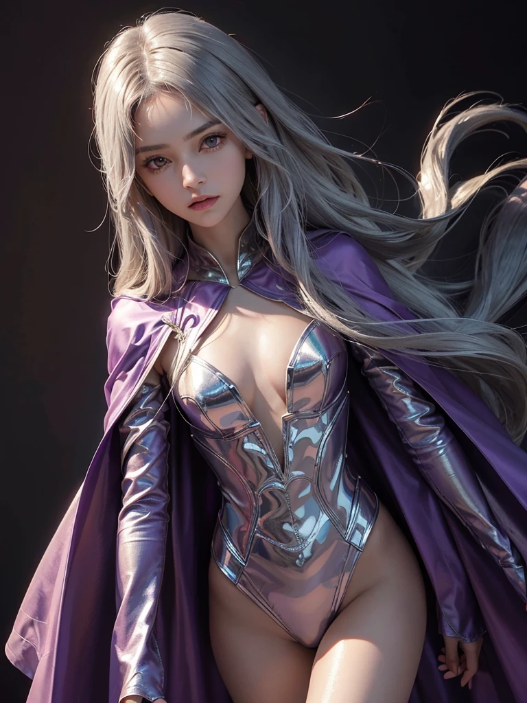 high res,masterpiece,best quality,extremely detailed , ultra-detailed, long silky smooth hair , heroine , wearing a purple silk suit , wearing a silver cape , cinematic , aesthetic, small covered chest Realistic lighting, delicate face, Body perfect anatomy,Top Quality, 8K Resolution, High quality , light brownish skin , shiny silky cape , silver hair