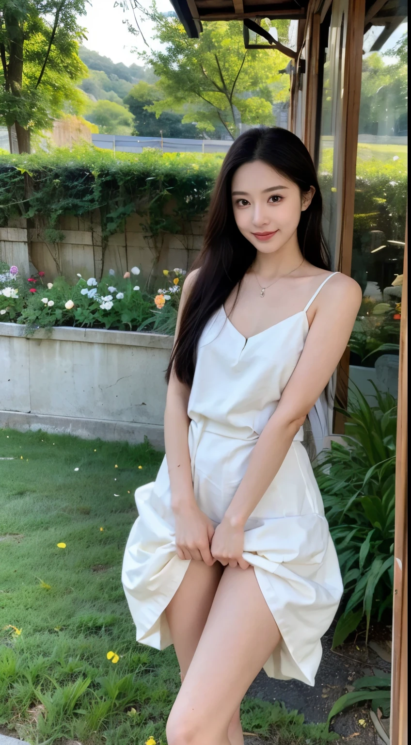 ，masterpiece, best quality，8k, ultra highres，Reallightandshadow，Cinema lenseeautidful eyes:1.1)， ((中景 the scene is，The upper part of the body))，dynamicposes，(open legs:1.2),On a green meadow，A gentle goddess came with a gentle step。She wore a white dress，A gentle breeze blows，The skirt dances lightly。The sun shines through the leaves on her hair，Reflecting her clear eyes and gentle smile。Colorful butterflies flew around her，Flowers bloomed at her feet，It was as if nature was cheering for her。