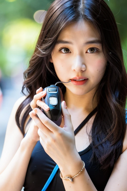 A woman in her 20s holding a walkie-talkie