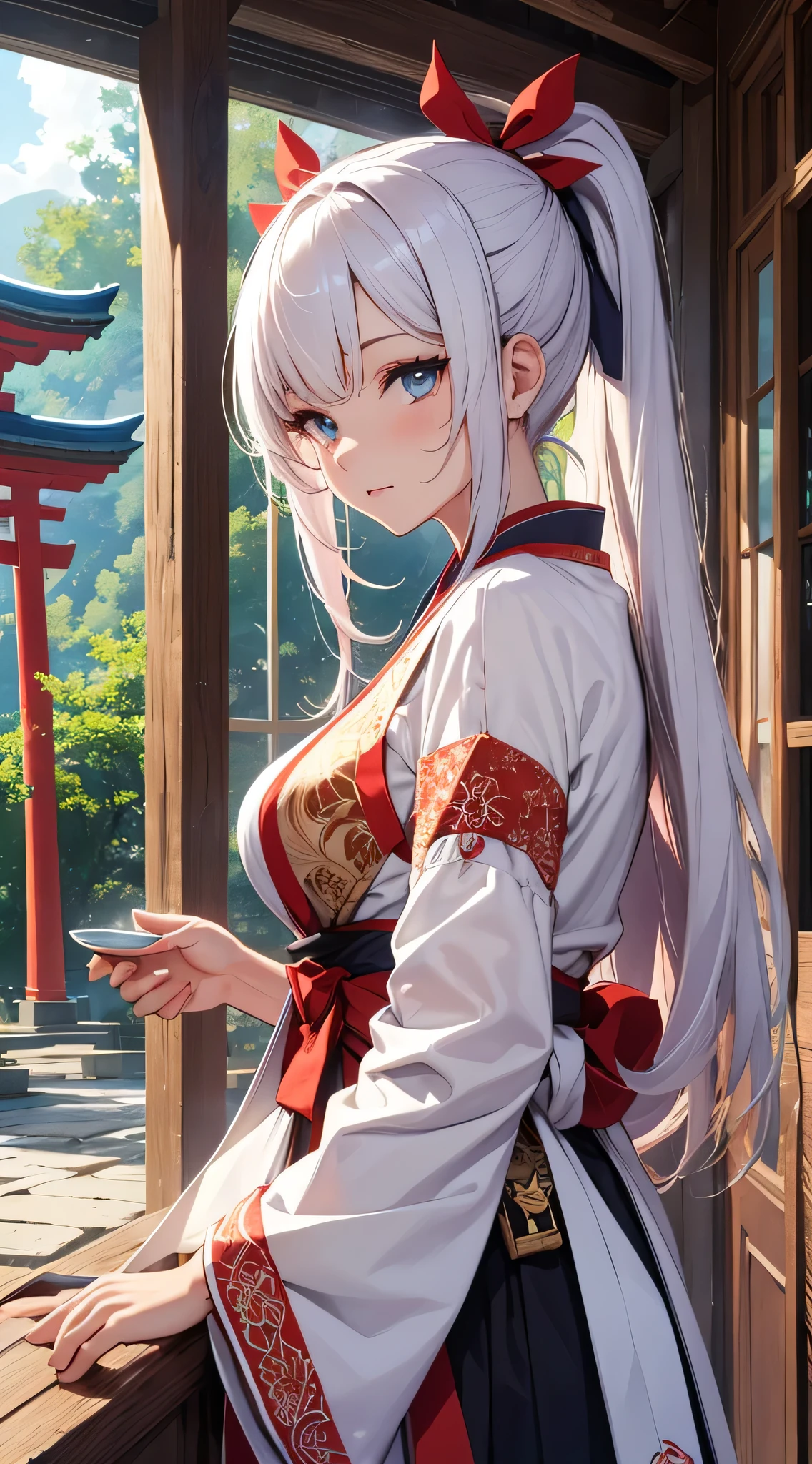 top-quality、Top image quality、​masterpiece、teens girl((18year old、 Ager、Best Bust、Medium bust,wide open breast tea、light blue eyerest, bionde、poneyTail、A slender,Highest valley、white miko costume、Exorcism Stick)),hiquality、Beautiful Art、Background with((jpn、Blue sky、shrines、torii gate、Large Rank)),masutepiece、depth of fields、movie、visualart、Perfect Art