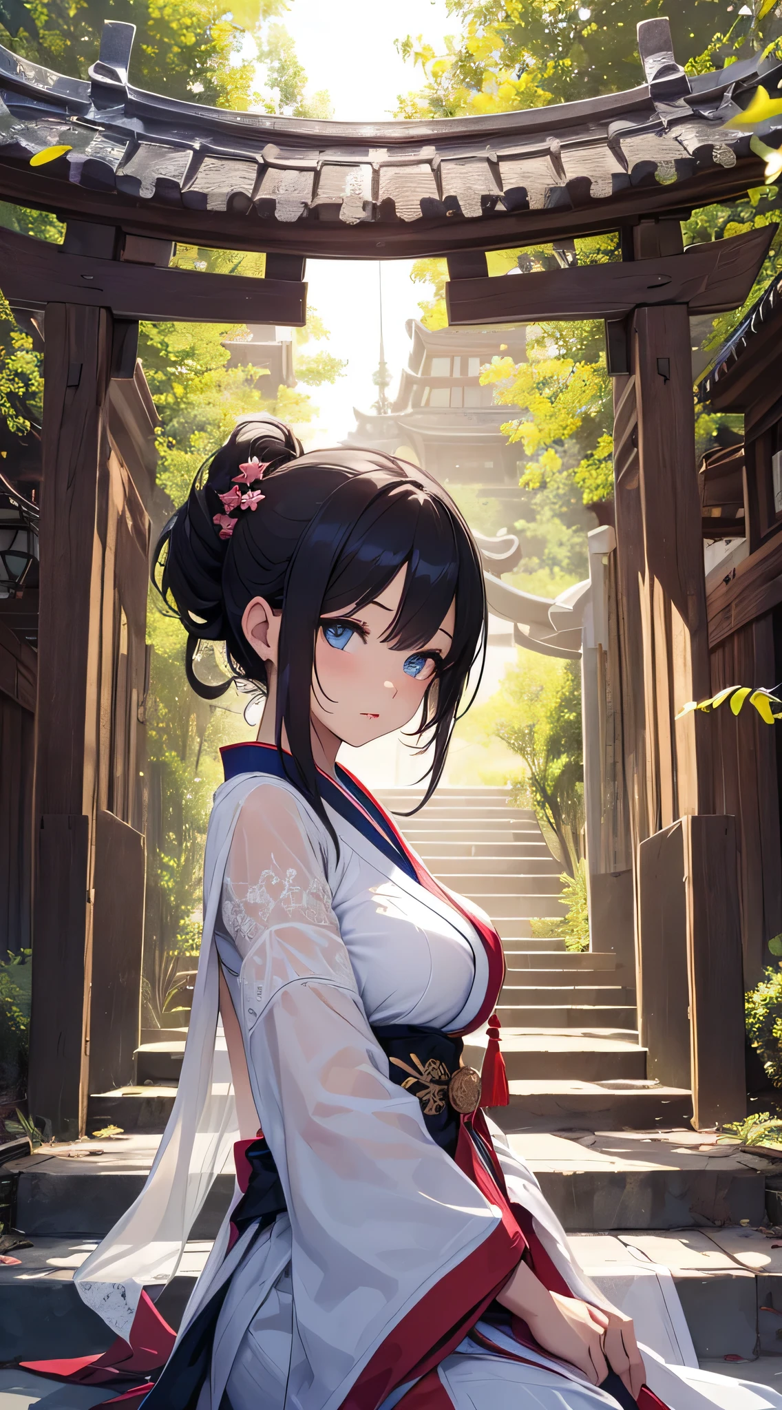 top-quality、Top image quality、masterpiece、teens girl((18year old、 Ager、Best Bust、Medium bust,wide open breast tea、light blue eyerest, bionde、poneyTail、A slender,Highest valley、white miko costume、Exorcism Stick)),hiquality、Beautiful Art、Background with((jpn、Blue sky、shrines、torii gate、Large Rank)),masutepiece、depth of fields、movie、visualart、Perfect Art
