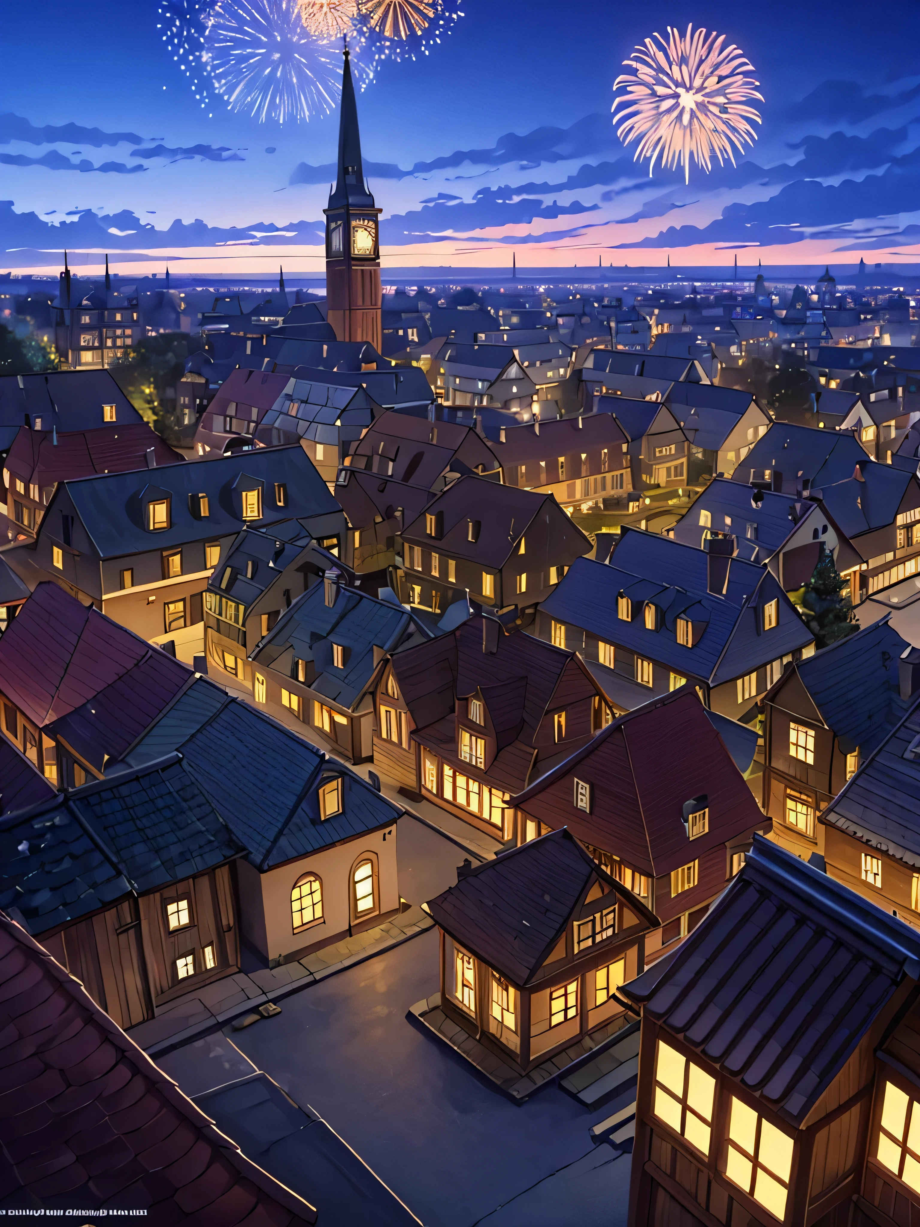 A small village with a brown and boxy shaped clocktower towering higher than all of the buildings, the sun is shining clear with some thin clouds in the air, people on the ground are happily watching the fireworks, while the viewer is watching from the ground.