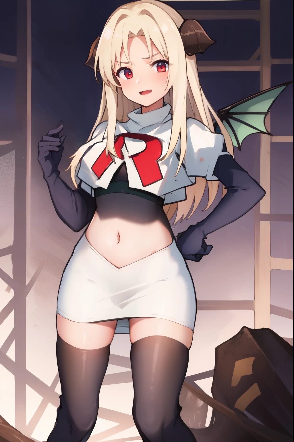 absurdres,masterpiece, best quality, highres, high quality, 1girl, dragon tail, dragon wings, dragon horns,team rocket,team rocket uniform,white skirt,red letter R,crop top,black thigh-highs,black elbow gloves,