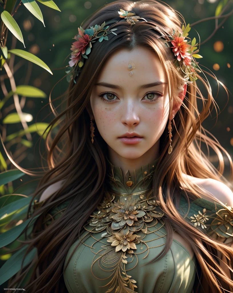 4k, realistic, very detailed, wide angle lens, glorious dress, vibrant, fantastical plants, splash art anime background, concept art, realistic lighting, epic composition, diffuse, (masterpiece, best quality), super hd, 32k , Detailed and realistic portrait of a woman (Masterpiece, realistic:1.3), (extremely intricate:1.2), (photorealistic:1.4), (extremely delicate), (ultra realistic:1.3), (hyperrealistic 3D render), looking at the viewer eyes standing straight --v 6