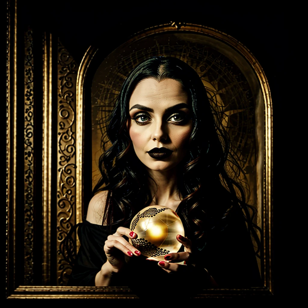 beautiful witchy woman, big eyes, big lips, gothic, magician, looking at a crystal ball telling the future, lovecraftian atmosphere, ancient books, gothic decor, masterpiece